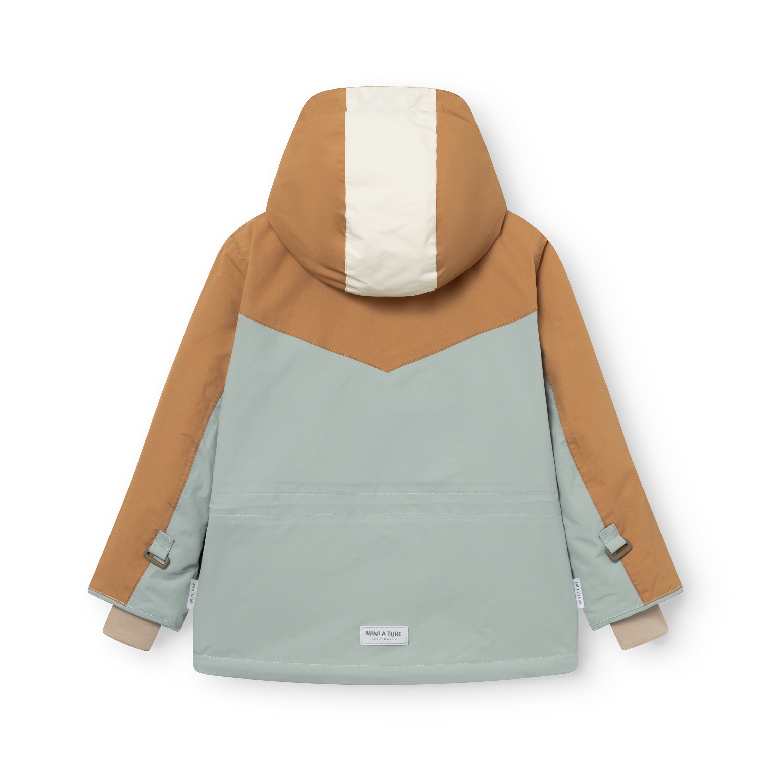 Rear view of the MATWALDO fleece lined winter jacket displaying the colourblock construction in brown sugar, baby blue and cream, with the detachable hood attached, snow cuffs with thumb openings visible at the sleeves and a MINI A TURE label at the lower back.