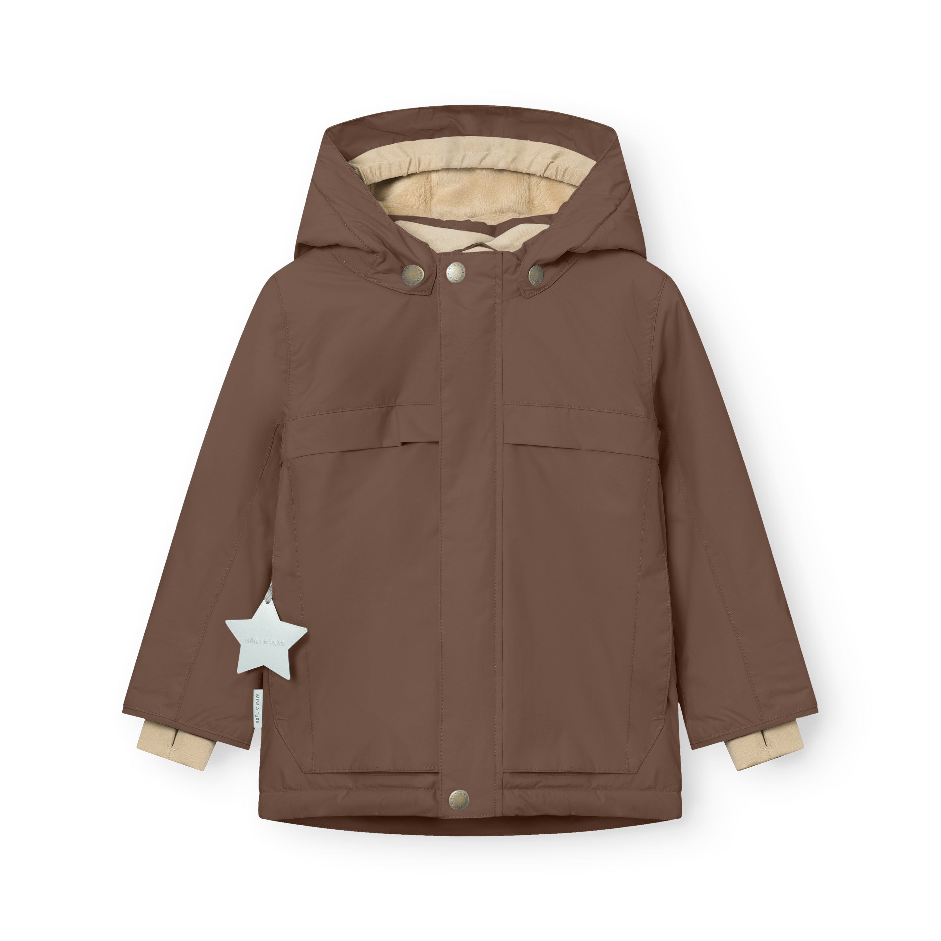 MATWALDO fleece lined winter jacket in brown sugar displayed flat with the detachable hood fastened by three snap buttons, two front flap pockets with snap closures, beige fleece lining visible at the collar and cuffs, and a white star-shaped reflective detail attached to the left cuff.