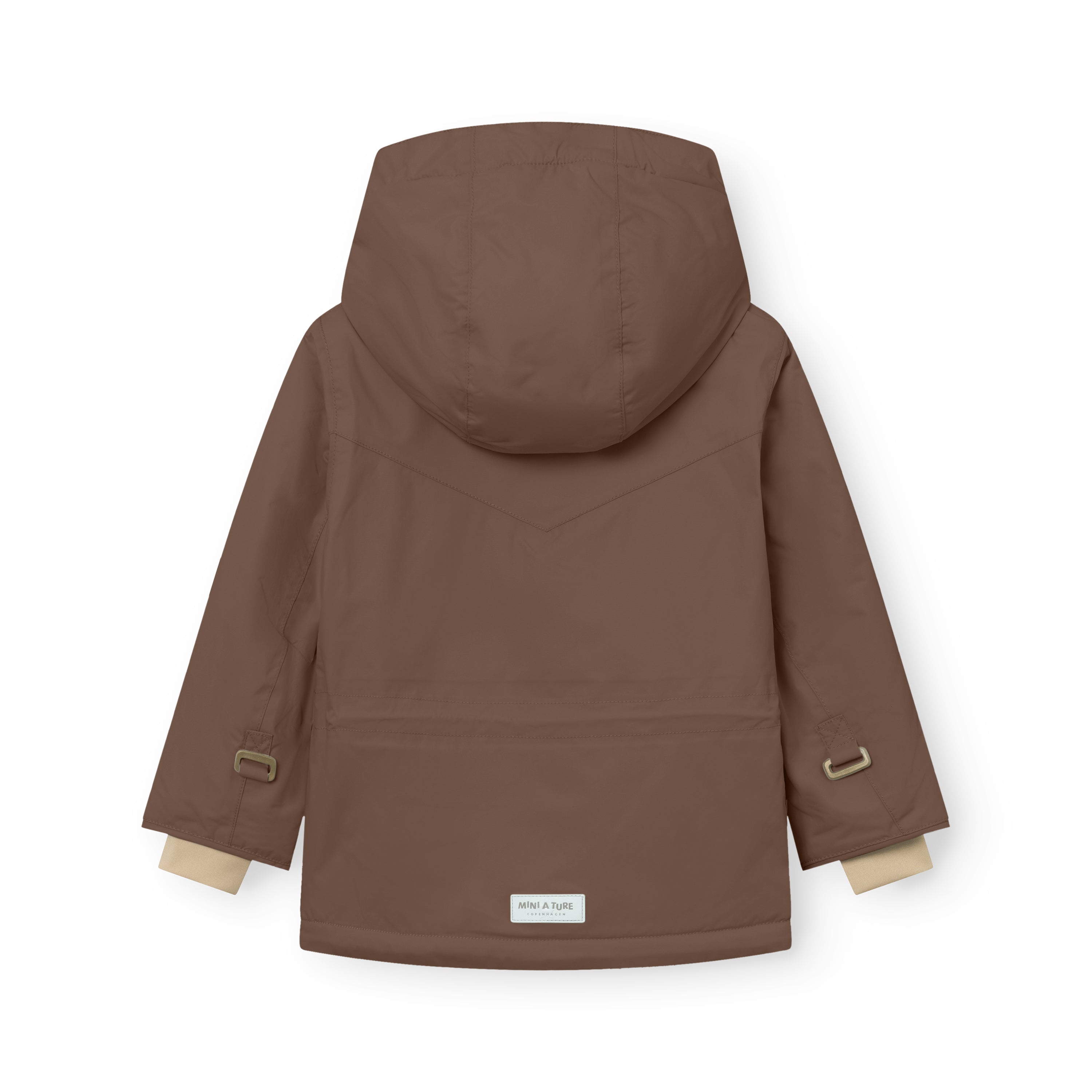 MATWALDO fleece lined winter jacket in brown sugar shown from the back with the detachable hood fastened, metal D-ring details on both sleeves, beige fleece lining visible at the cuffs and a white MINI A TURE label at the hem.