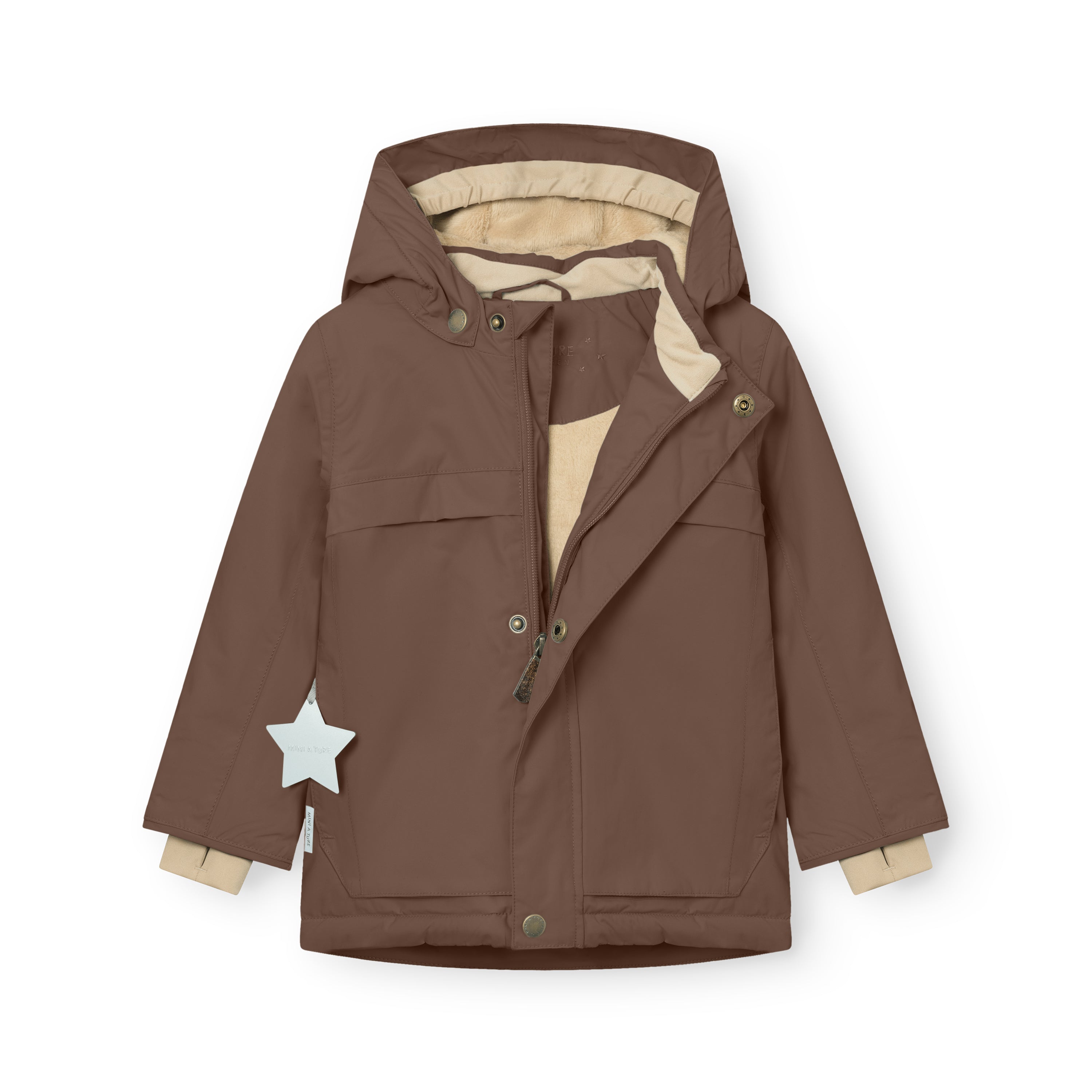 MATWALDO fleece lined winter jacket in brown sugar held open to reveal the beige fleece lining, internal adjustable waist, THERMOLITE insulation and the hidden centre-front zip partially unfastened.