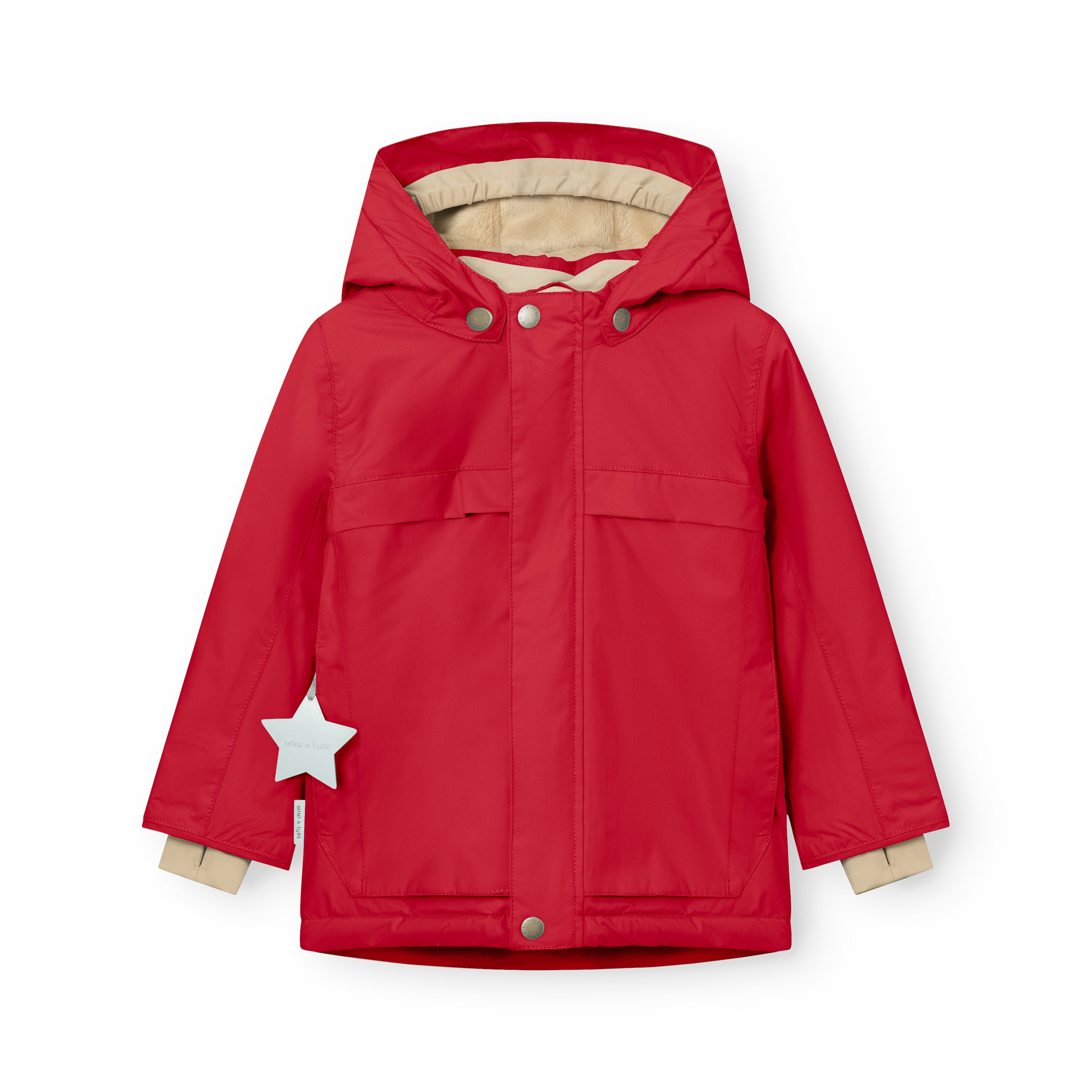 MATWALDO fleece lined winter jacket in red displayed flat with the detachable hood fastened by three snap buttons, two front flap pockets with snap closures, beige fleece lining visible at the collar and cuffs, and a white star-shaped reflective detail attached to the left cuff.