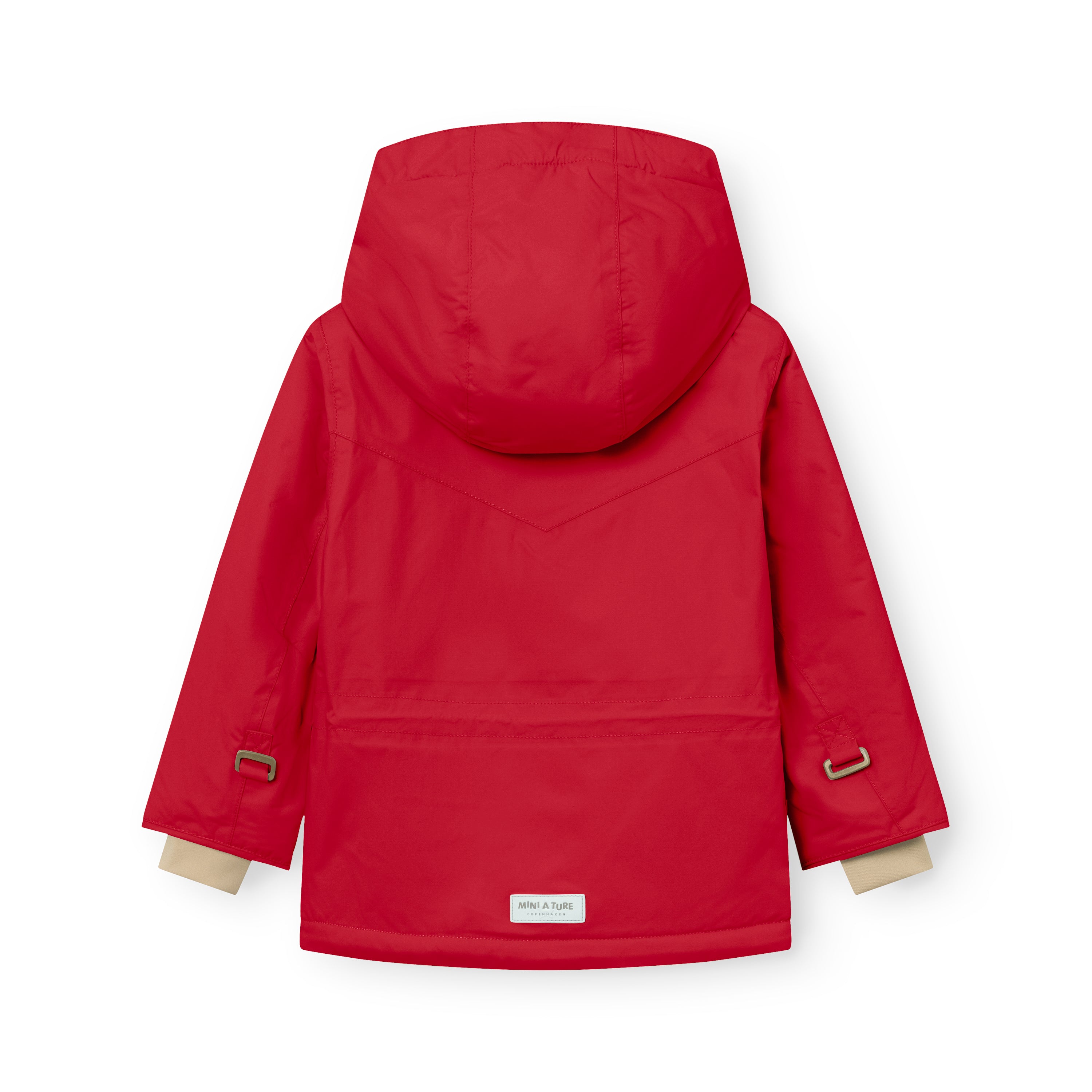 MATWALDO fleece lined winter jacket in red shown from the back with the detachable hood fastened, metal D-ring details on both sleeves, beige fleece lining visible at the cuffs and a white MINI A TURE label at the hem.