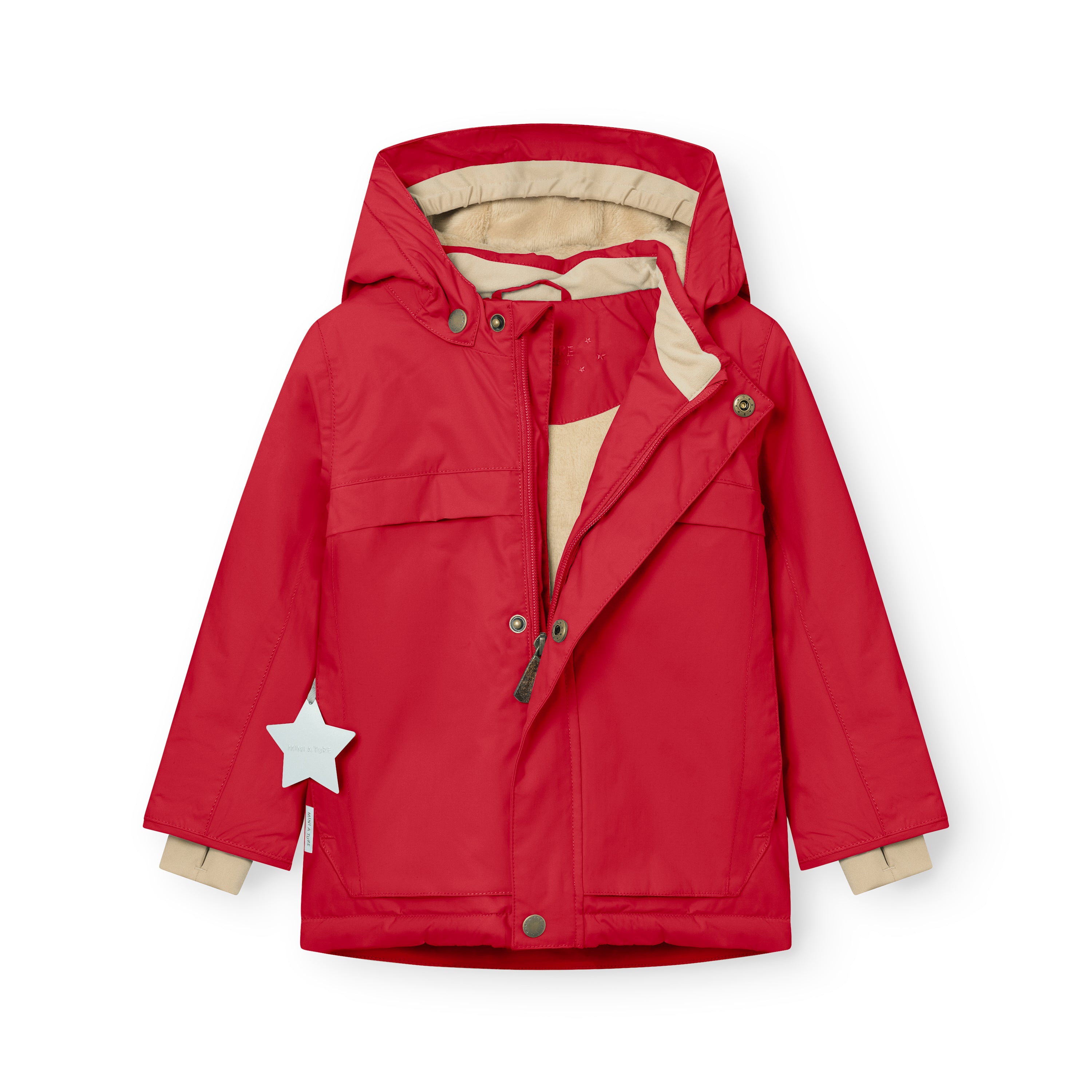 MATWALDO fleece lined winter jacket in red held open to show the beige fleece lining, internal adjustable waist and the hidden centre-front zip partially unfastened.