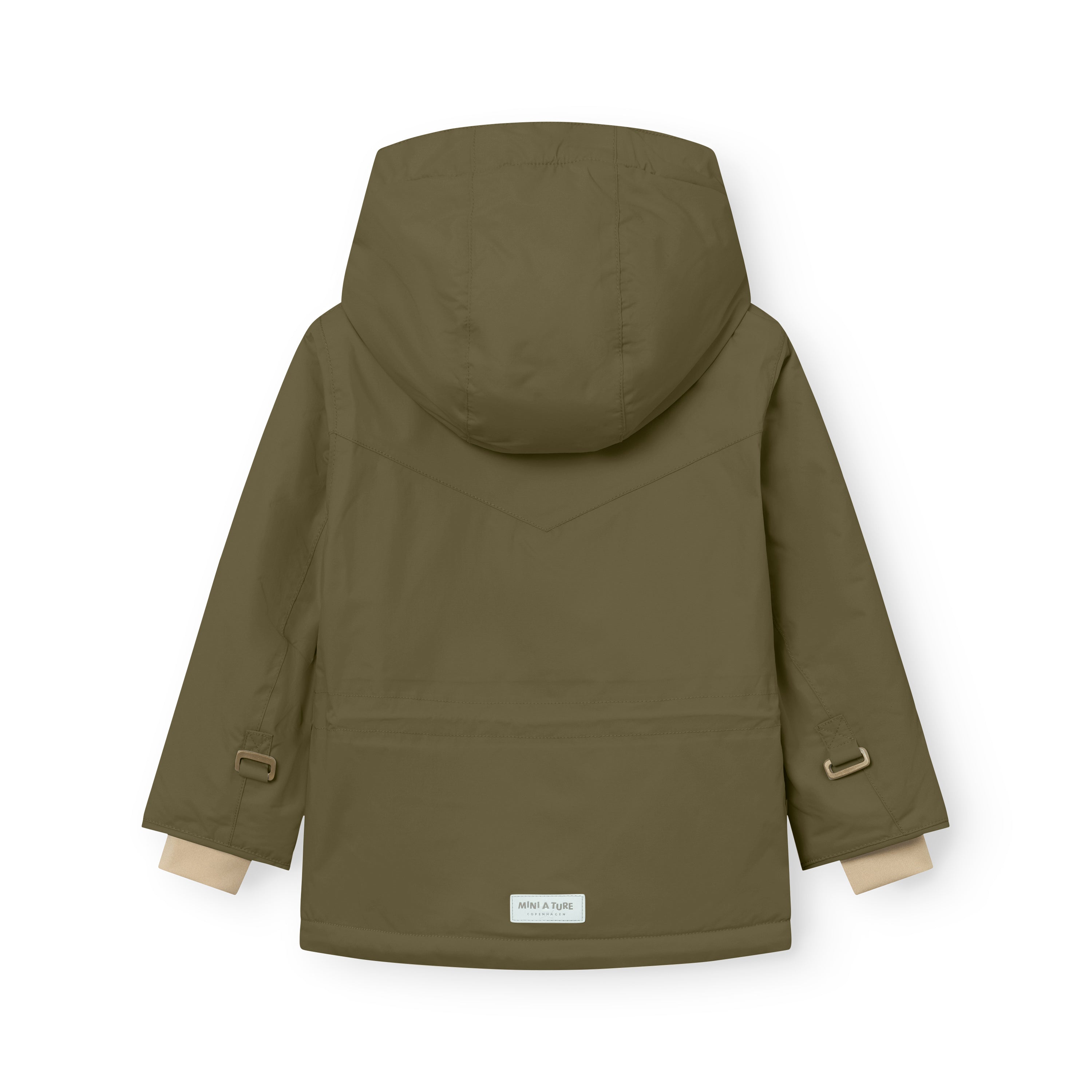 MATWALDO fleece lined winter jacket in olive green shown from the back with the detachable hood fastened, metal D-ring details on both sleeves, beige fleece lining visible at the cuffs and a white MINI A TURE label at the hem.