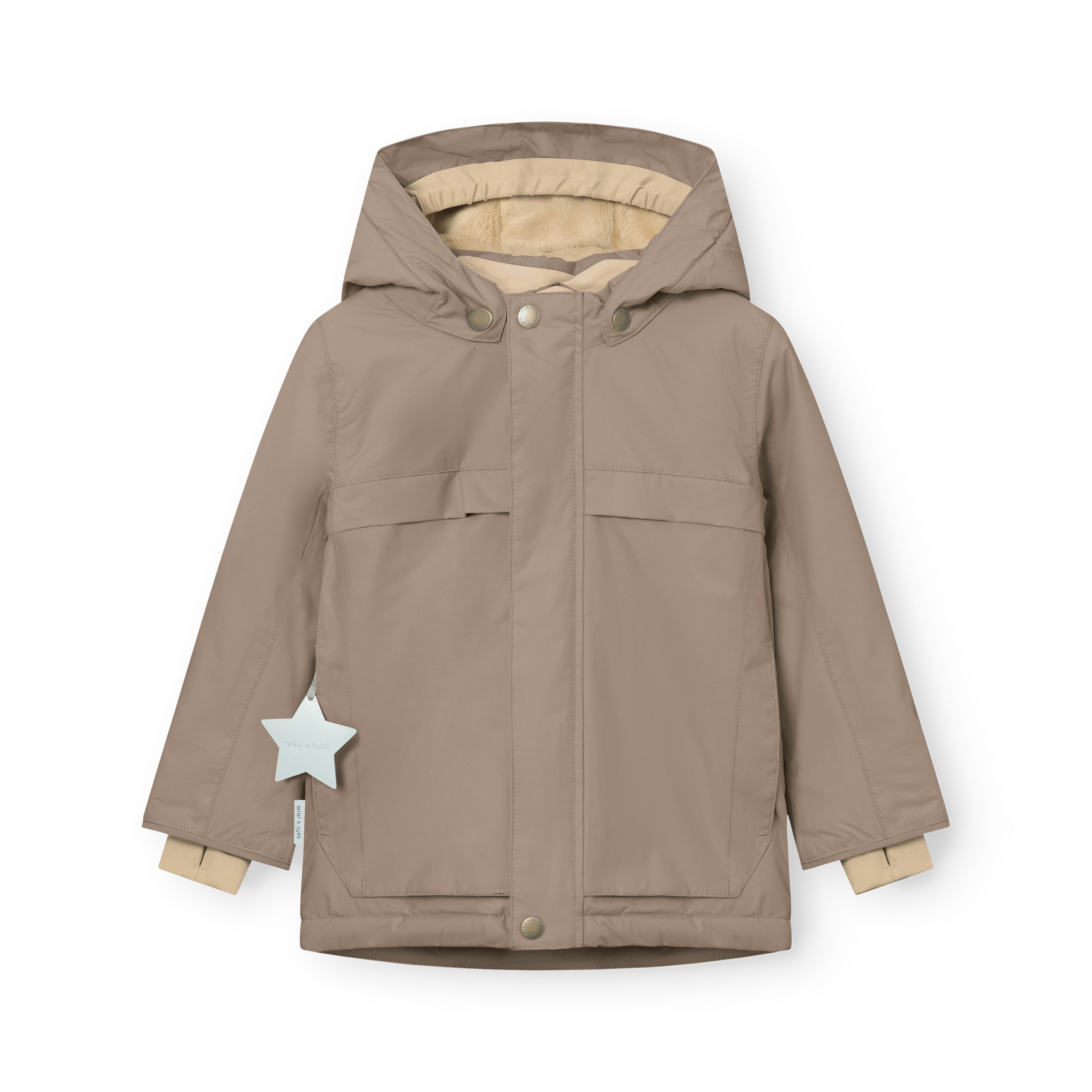 MATWALDO fleece lined winter jacket in taupe displayed flat with the detachable hood fastened by snap buttons, two front flap pockets with snap closures, beige fleece lining visible at the collar and cuffs, and a white star-shaped reflective detail attached to the left cuff.