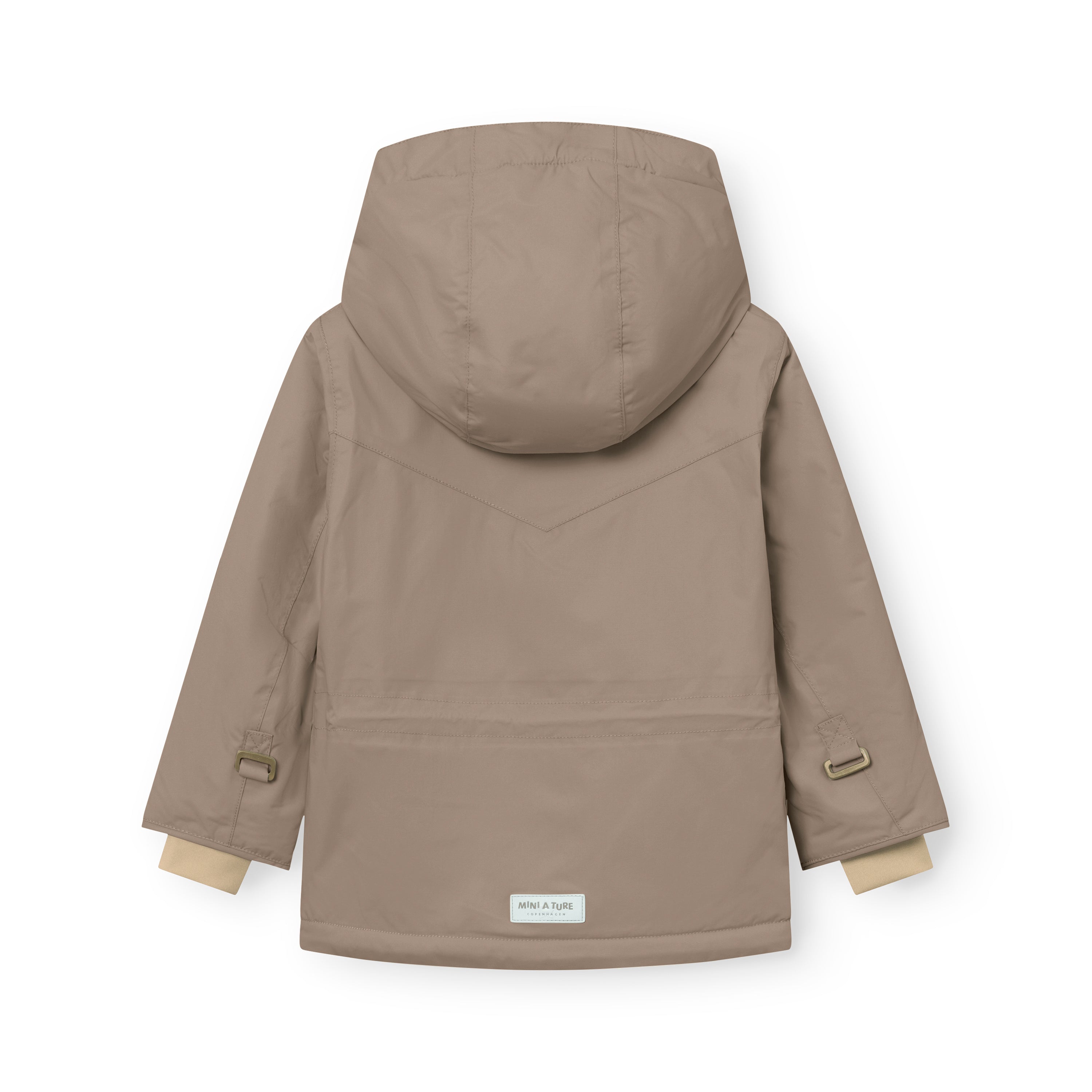 MATWALDO fleece lined winter jacket in taupe shown from the back with the detachable hood fastened, metal D-ring details on both sleeves, beige fleece lining visible at the cuffs and a white MINI A TURE label at the hem.