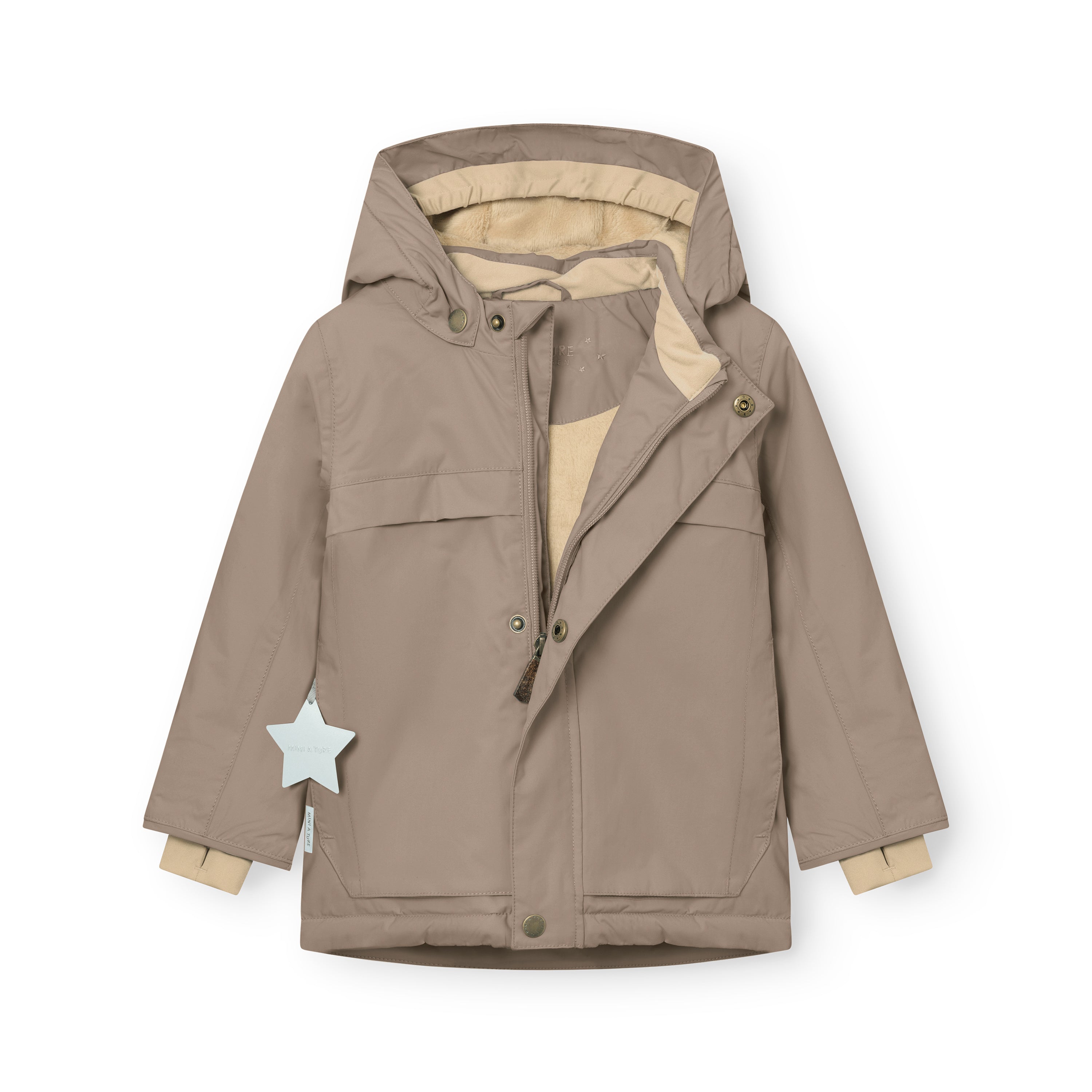 MATWALDO fleece lined winter jacket in taupe held open to reveal the beige fleece lining, internal adjustable waist, THERMOLITE insulation and the hidden centre-front zip partially unfastened.
