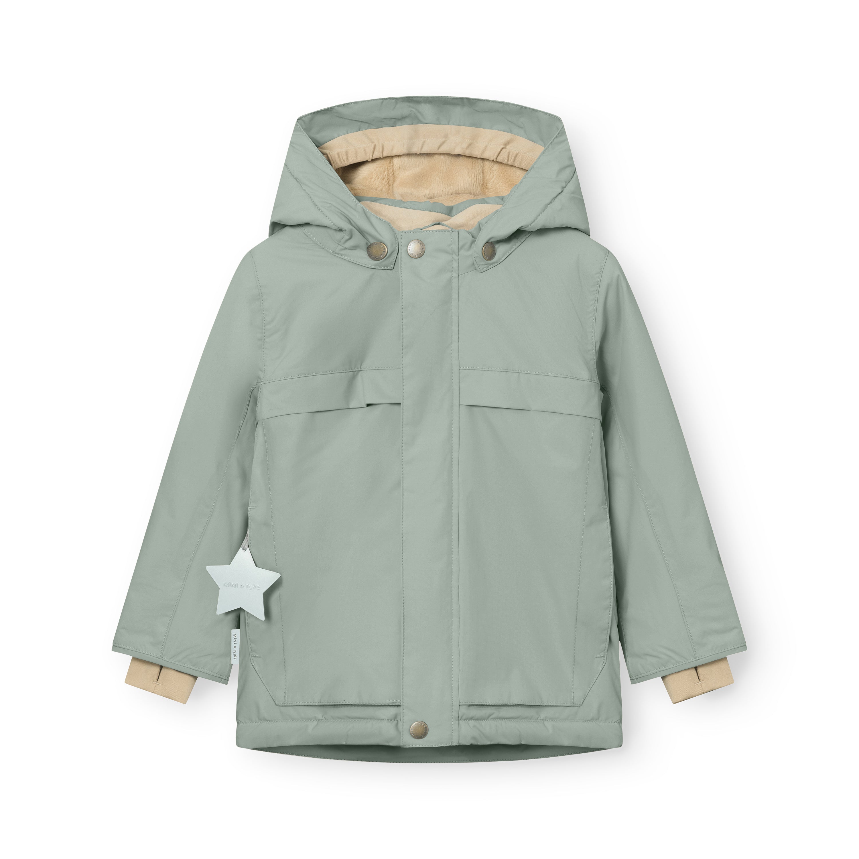 MATWALDO fleece lined winter jacket in sage green with a detachable hood fastened by snap buttons, two front pockets with flap closures, beige fleece lining visible at the collar and cuffs, and a white star-shaped reflective detail attached to the left pocket.