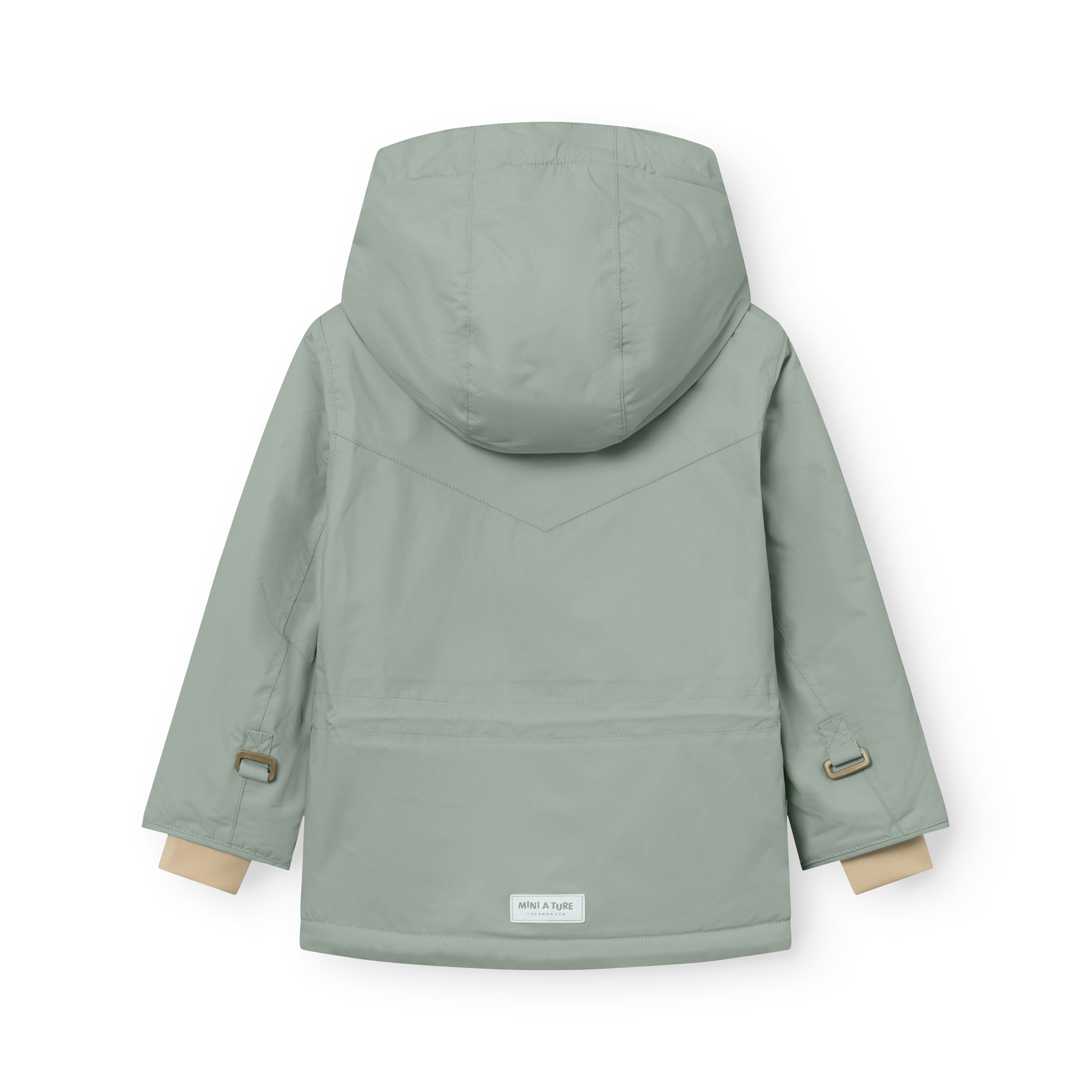MATWALDO fleece lined winter jacket in sage green shown from the back with the detachable hood fastened, beige fleece lining visible at the cuffs, metal D-ring details on both sleeves and a white MINI A TURE label at the lower back hem.