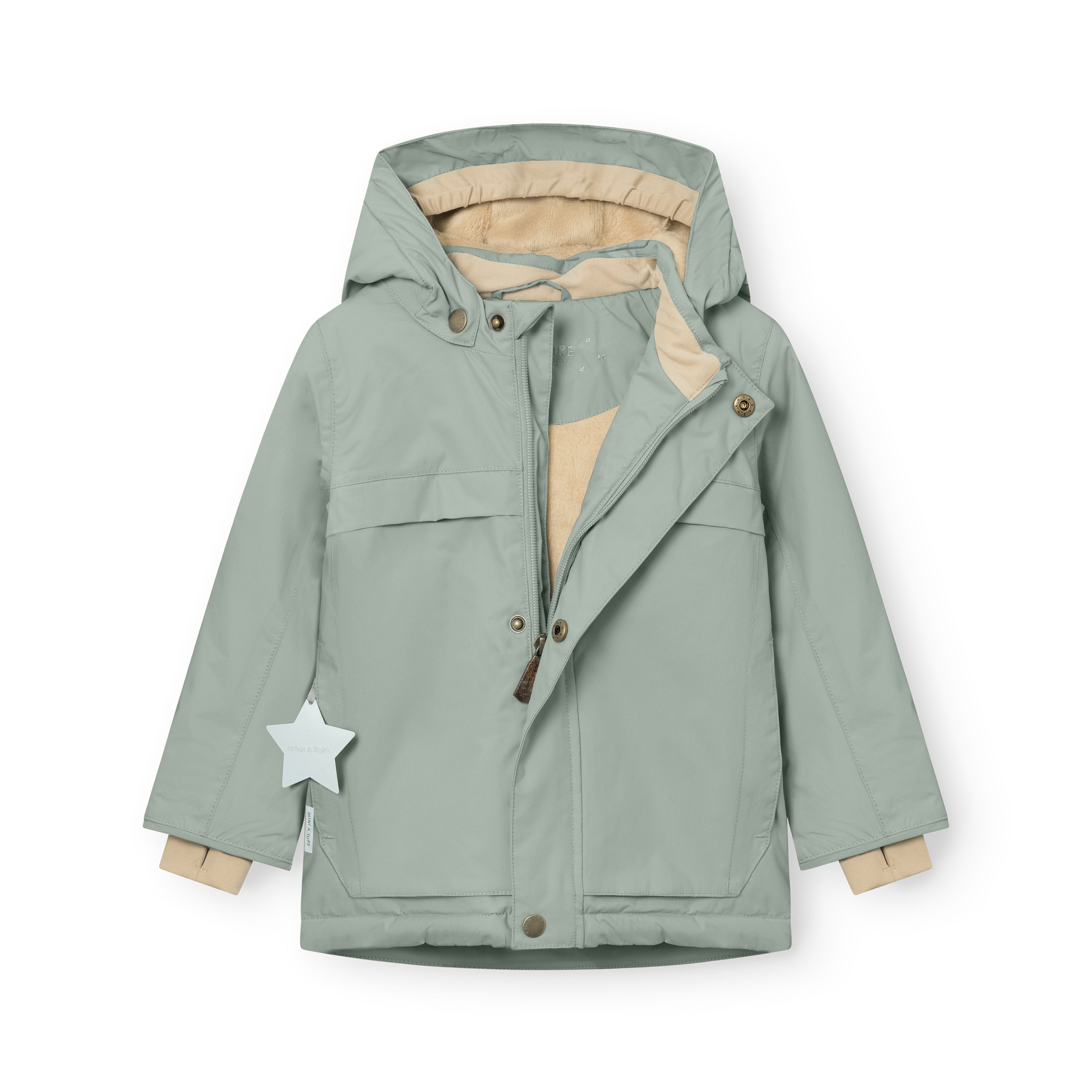 MATWALDO fleece lined winter jacket in sage green displayed fully open to reveal the beige fleece lining, THERMOLITE insulation, adjustable internal waist and snow cuffs with thumb openings, with the detachable hood fastened by snap buttons and a white star-shaped reflective detail attached to the left pocket.
