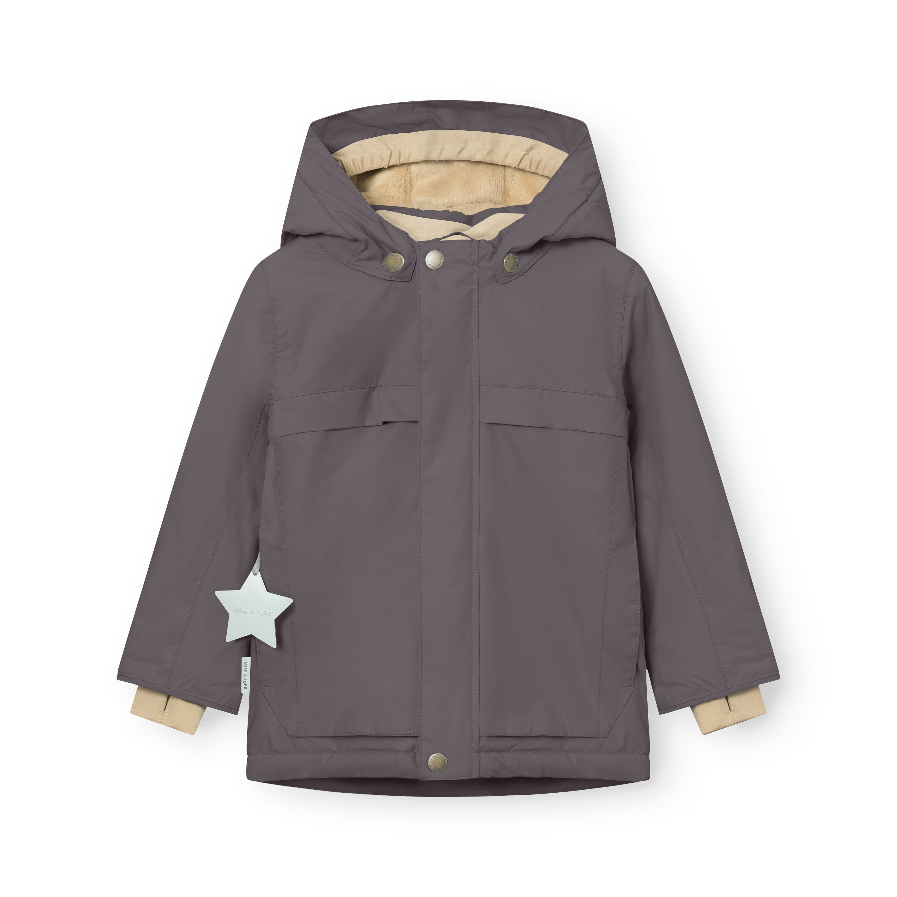 MATWALDO fleece lined winter jacket in charcoal grey with a detachable hood fastened by three snap buttons, two front flap pockets with snap closures, beige fleece lining visible at the collar and cuffs, and a white star-shaped reflective detail attached to the left cuff.