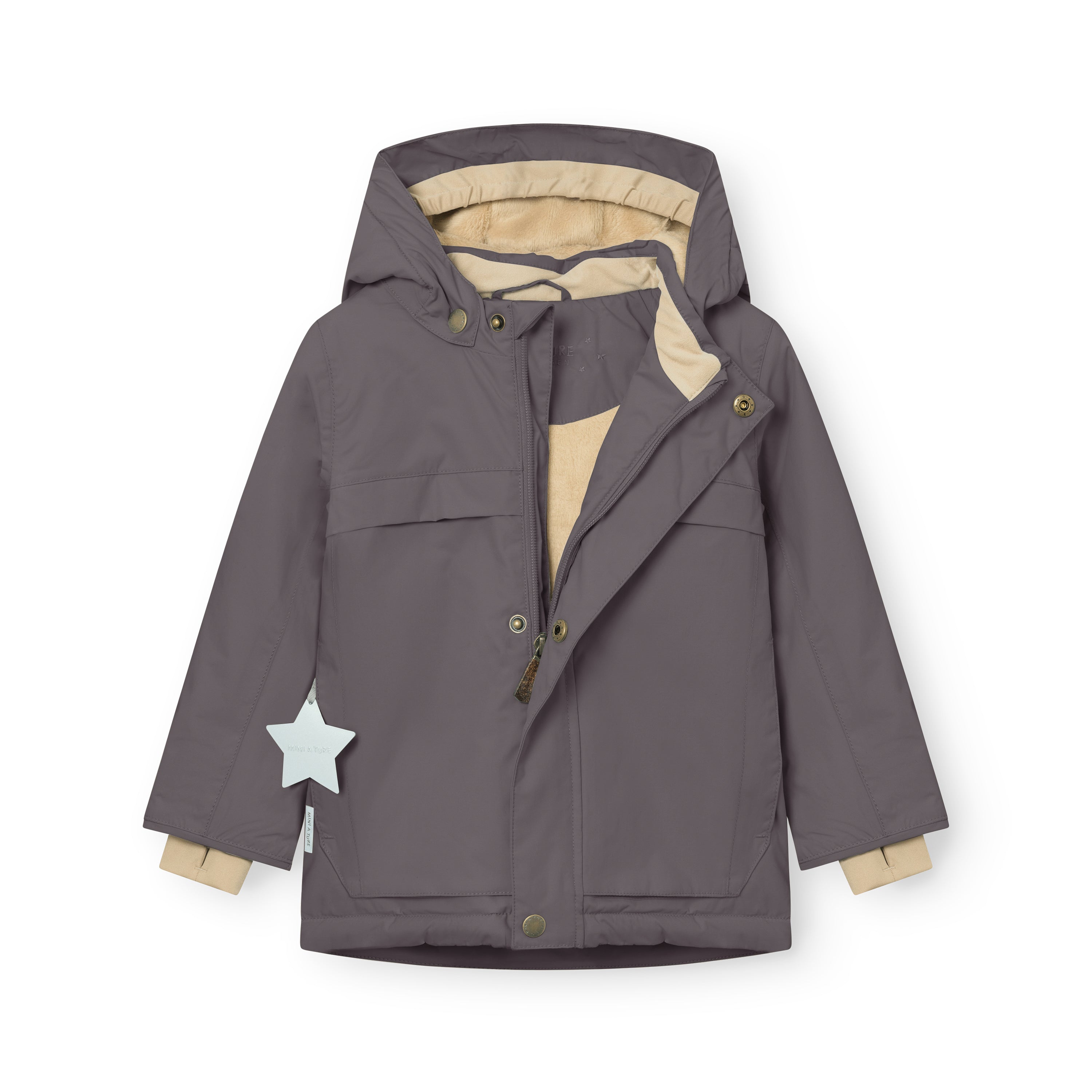 MATWALDO fleece lined winter jacket in charcoal grey shown with the hidden centre-front zip partially open to display the beige fleece lining, detachable hood fastened with snap buttons, two front pockets with flap closures and a white star-shaped reflective detail attached to the left cuff.