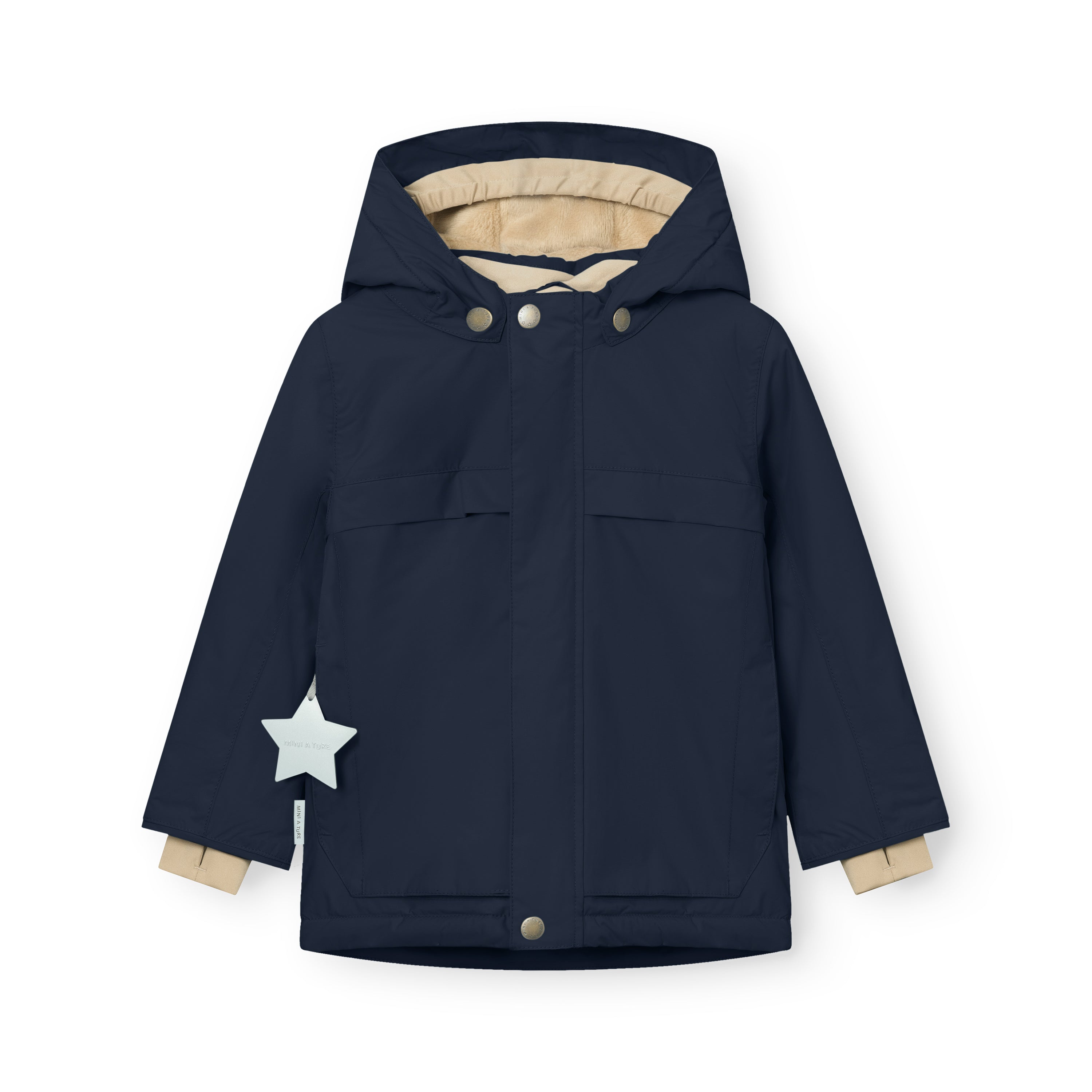 MATWALDO fleece lined winter jacket in navy blue with the detachable hood fastened by three snap buttons, two front flap pockets with snap closures, beige fleece lining visible at the collar and cuffs, and a white star-shaped reflective detail attached to the left cuff.