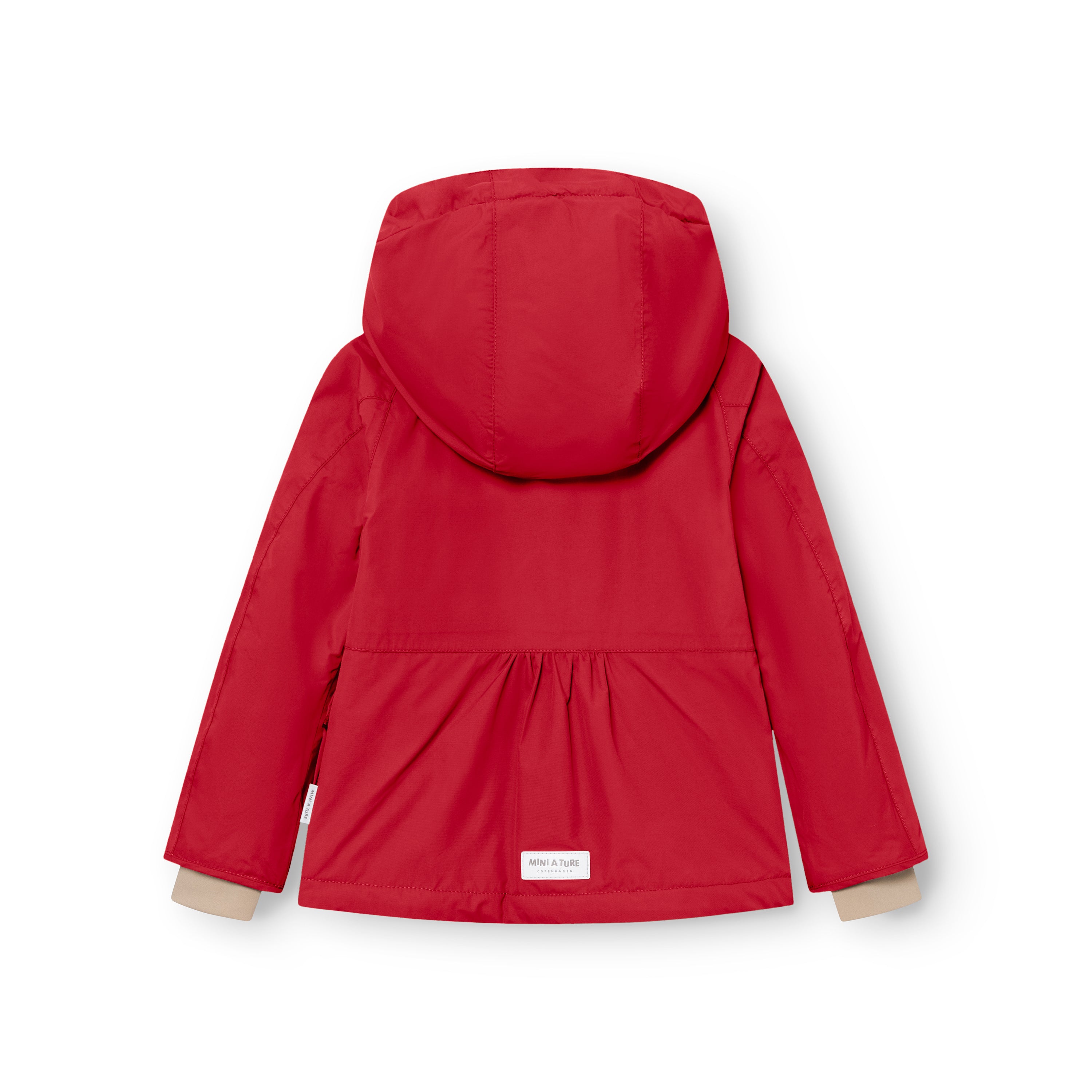 MATBRIDDINE winter jacket in red shown from the back, displaying the detachable hood, soft gathers at the waist, beige cuff lining and MINI A TURE label at the hem.