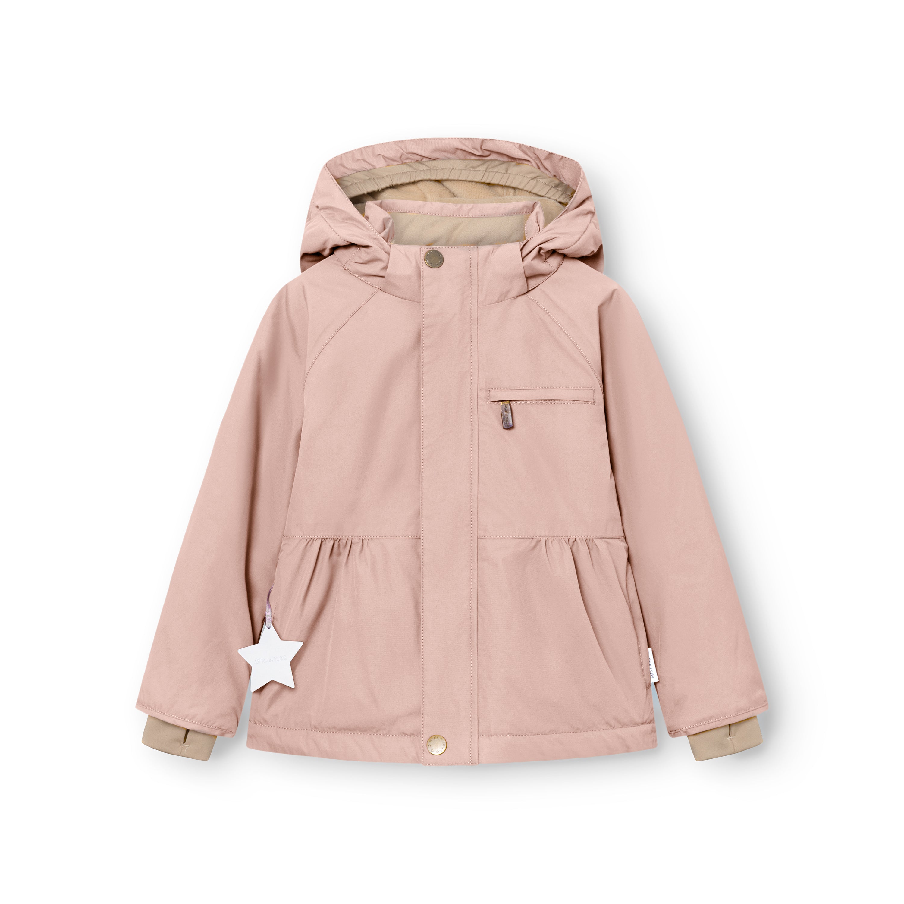 MATBRIDDINE winter jacket in dusty pink laid flat to show the detachable hood, gathered waist, chest pocket with zip, white reflective star detail and beige inner lining visible at the hood and cuffs.