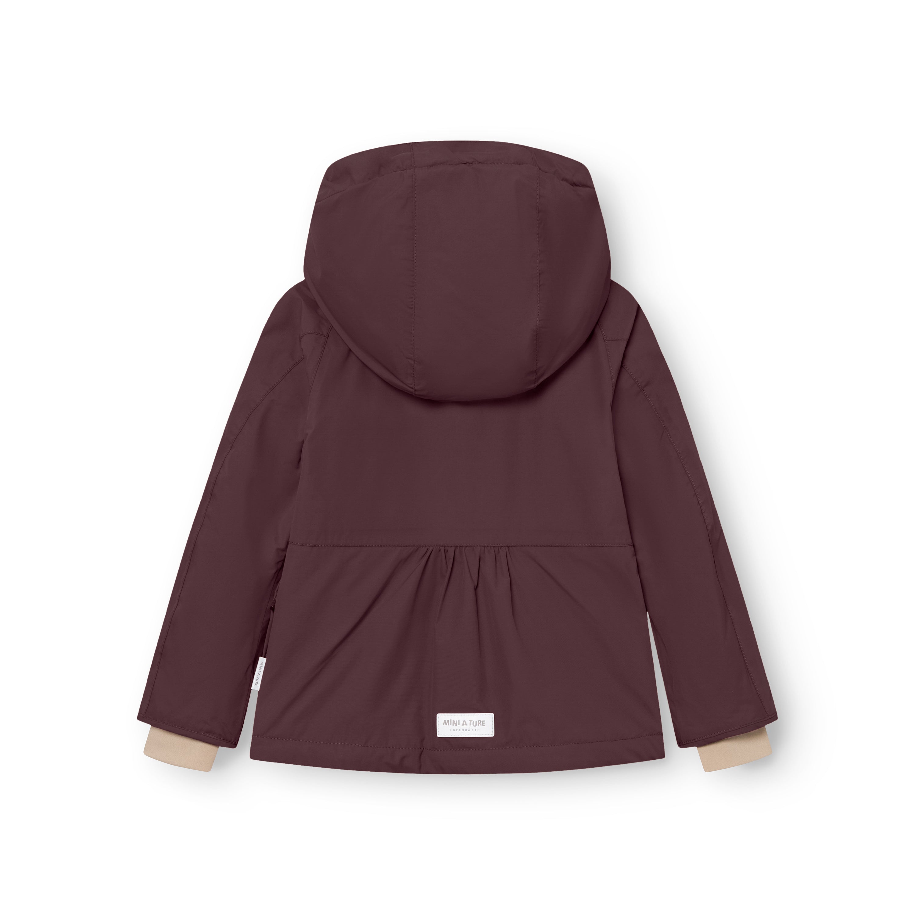 MATBRIDDINE winter jacket in burgundy viewed from the back, showing the detachable hood with snap buttons, gathered waist detail, improved sleeve fitting with beige cuff lining and MINI A TURE label at the hem.