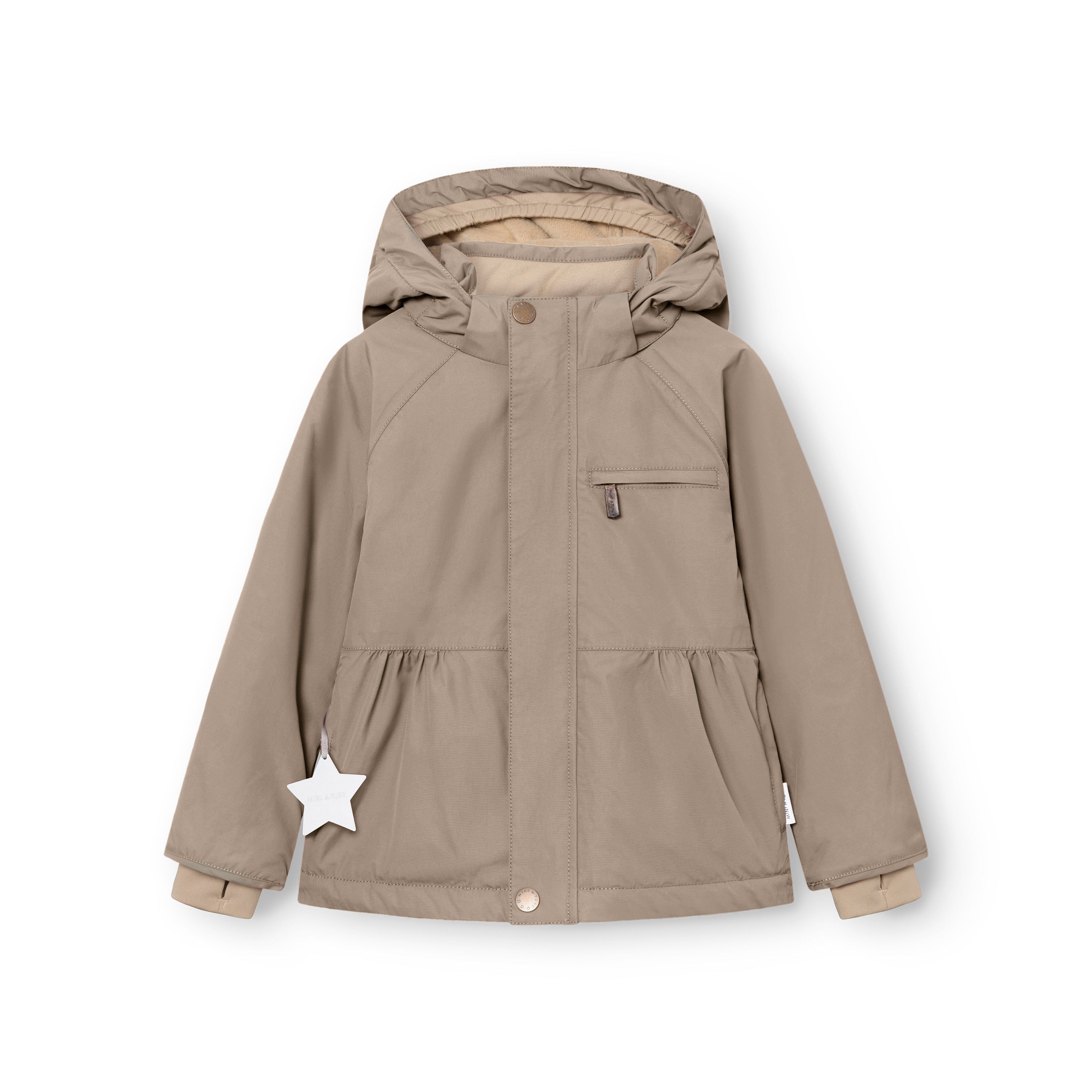 MATBRIDDINE winter jacket in beige laid flat to display the detachable hood, gathered waist detail, chest pocket with zip, white reflective star on the left pocket and beige inner lining visible at the hood and cuffs.