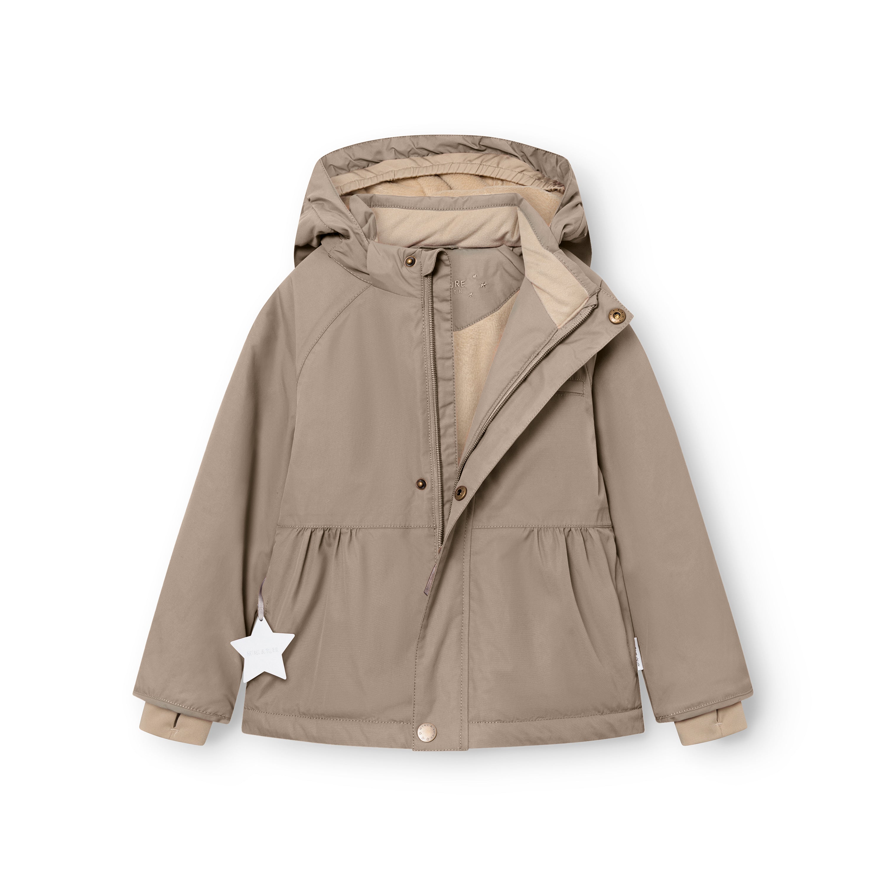 MATBRIDDINE winter jacket in beige shown open to reveal the detachable hood with snap-button fastening, beige inner lining, gathered waist detail, improved sleeve fitting and white reflective star on the left pocket.