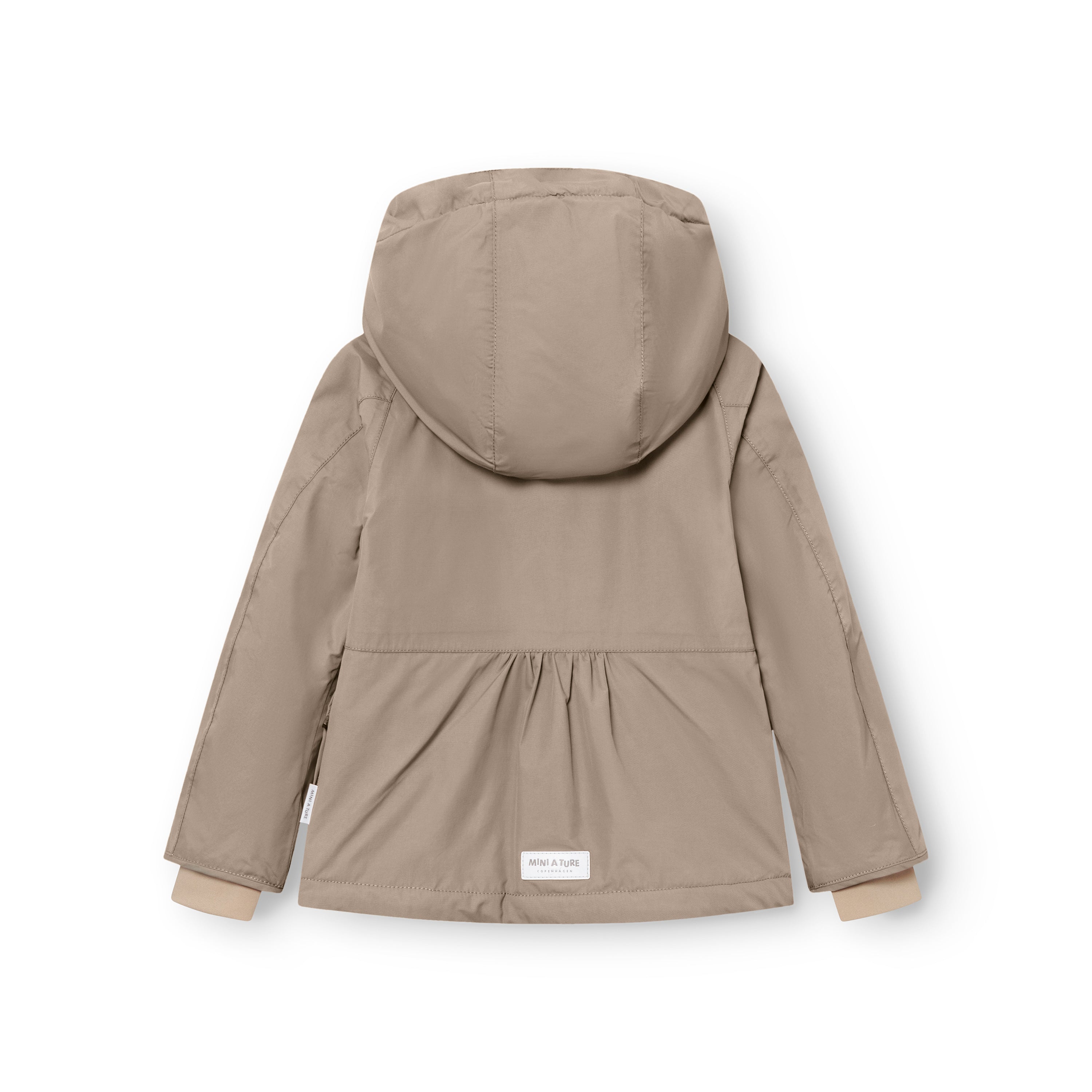 MATBRIDDINE winter jacket in beige viewed from the back, displaying the detachable hood, soft gathers below the waist, improved sleeve fitting with beige cuff lining and MINI A TURE label at the hem.