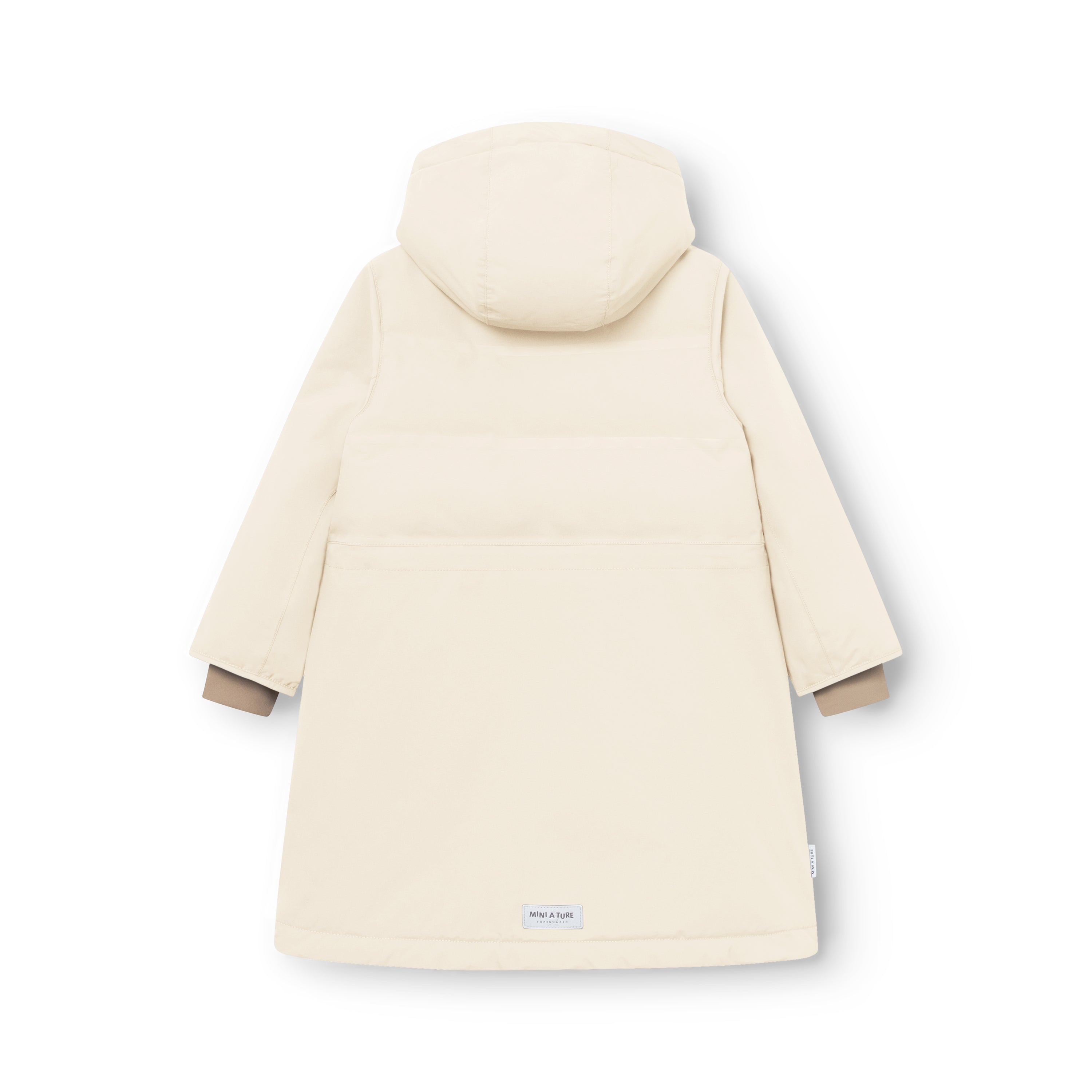 MATVENCASIA winter jacket in cream, photographed from the back to show the extended length, detachable hood with snap-button fastening, horizontal seam dividing the padded upper section from the fleece-lined lower half, and beige cuff lining visible at the wrists.