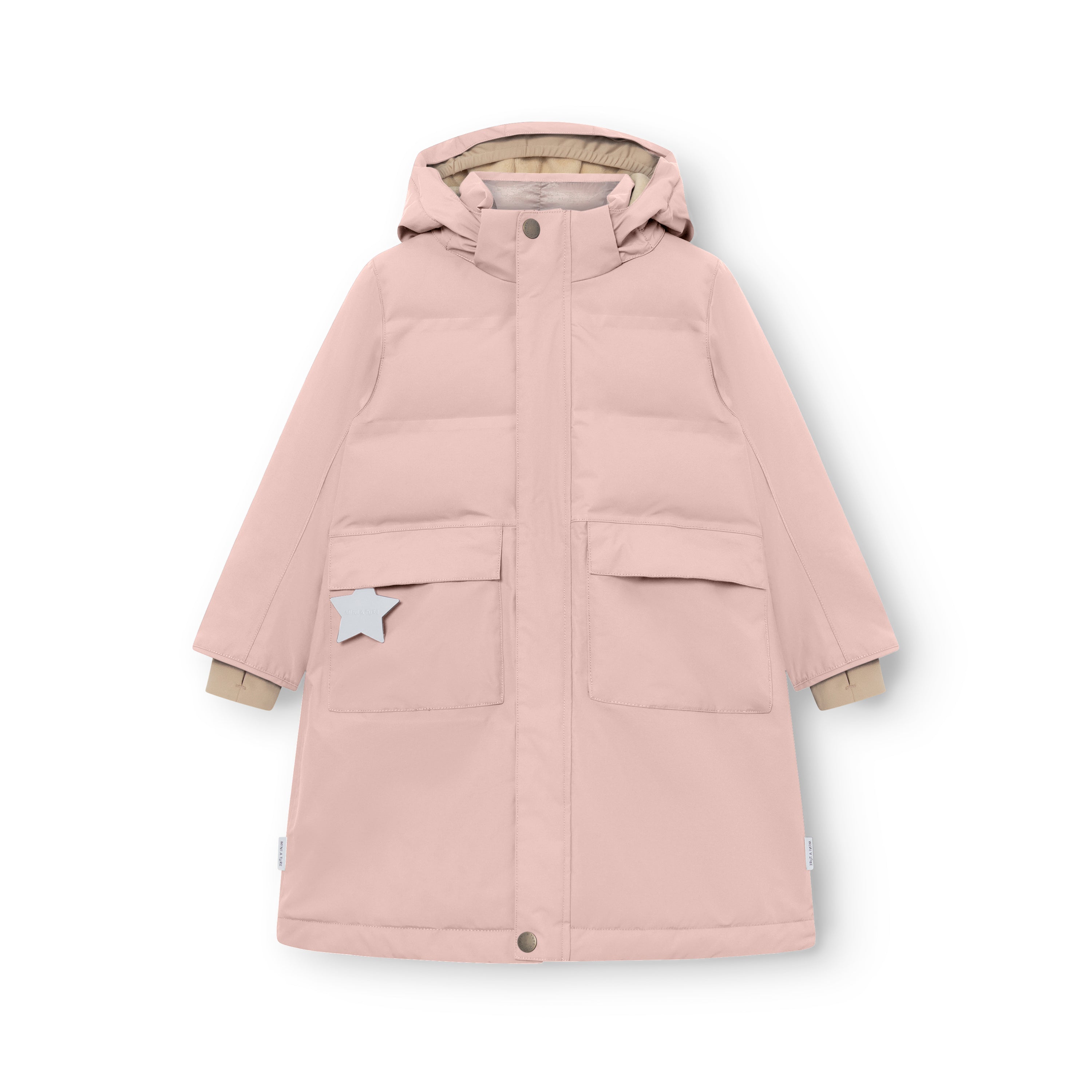 MATVENCASIA winter jacket in soft pink, laid flat to show the extended length reaching below the hips, front patch pockets with magnetic closures, reflective star detail, and detachable hood with snap-button fastening.