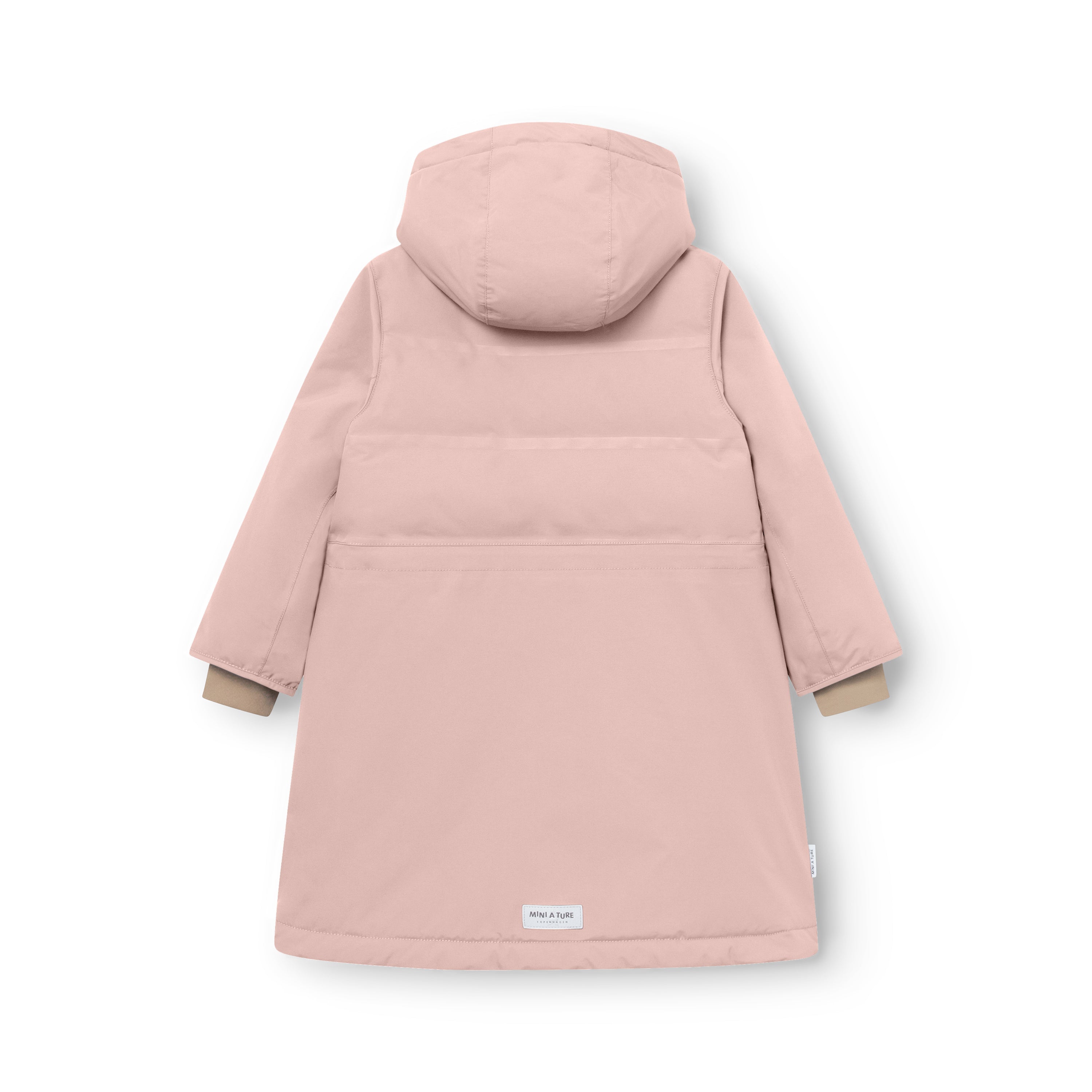 MATVENCASIA fleece lined winter jacket in soft pink, photographed from the rear to show the extended length, detachable hood with snap-button fastening, horizontal seam dividing the Sorona Aura padded upper section from the fleece-lined lower half, and the MINI A TURE label at the hem.