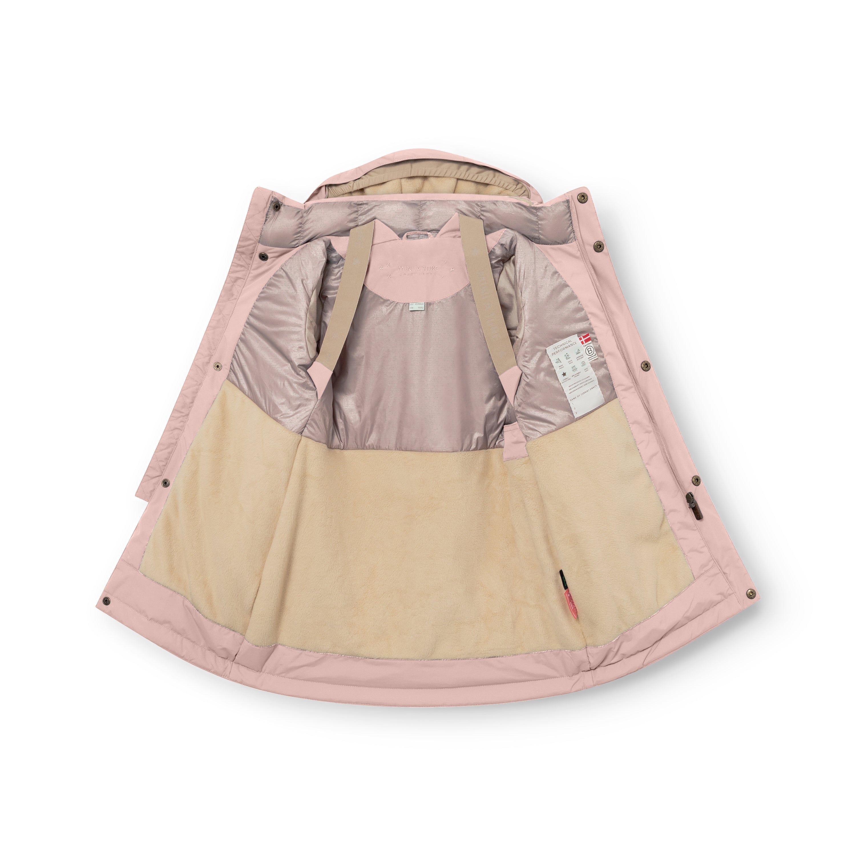 MATVENCASIA winter jacket in soft pink, photographed open and laid flat to display the beige internal suspenders, Sorona Aura padded upper lining in pale grey, cream fleece lower lining, snap-button hood attachment points, and care label visible inside the right panel.