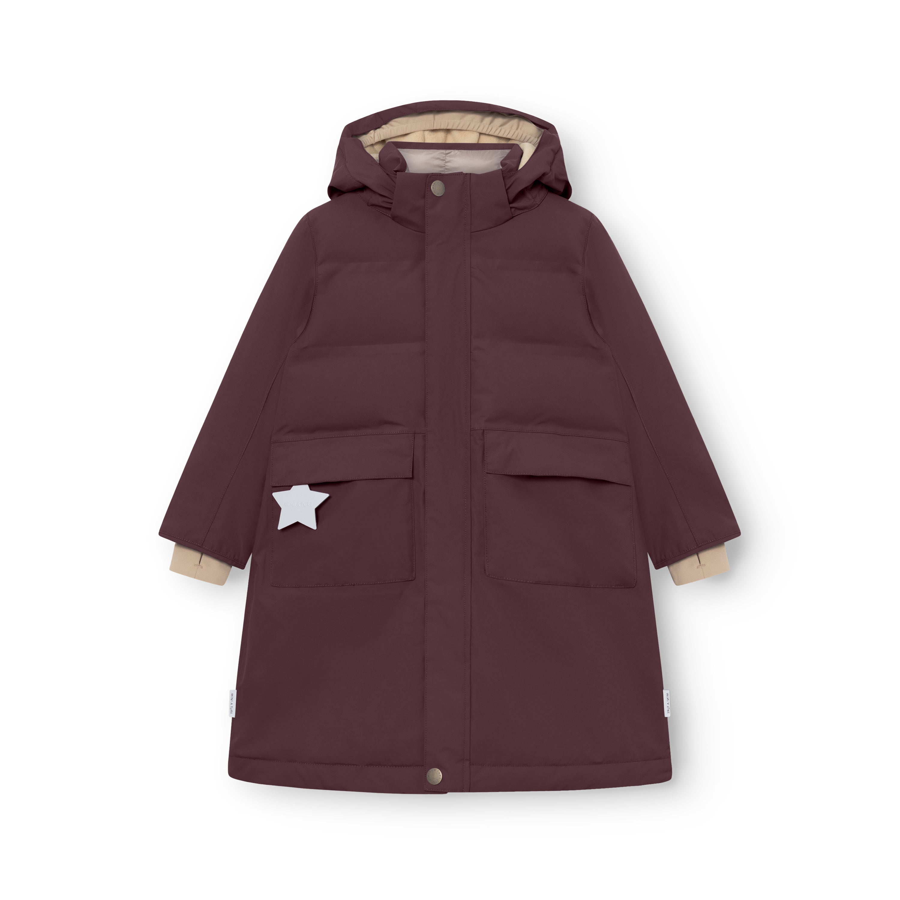 MATVENCASIA waterproof winter jacket with fleece lining, featuring an extended length, front patch pockets with magnetic closures and a reflective star detail, shown flat against a white background.