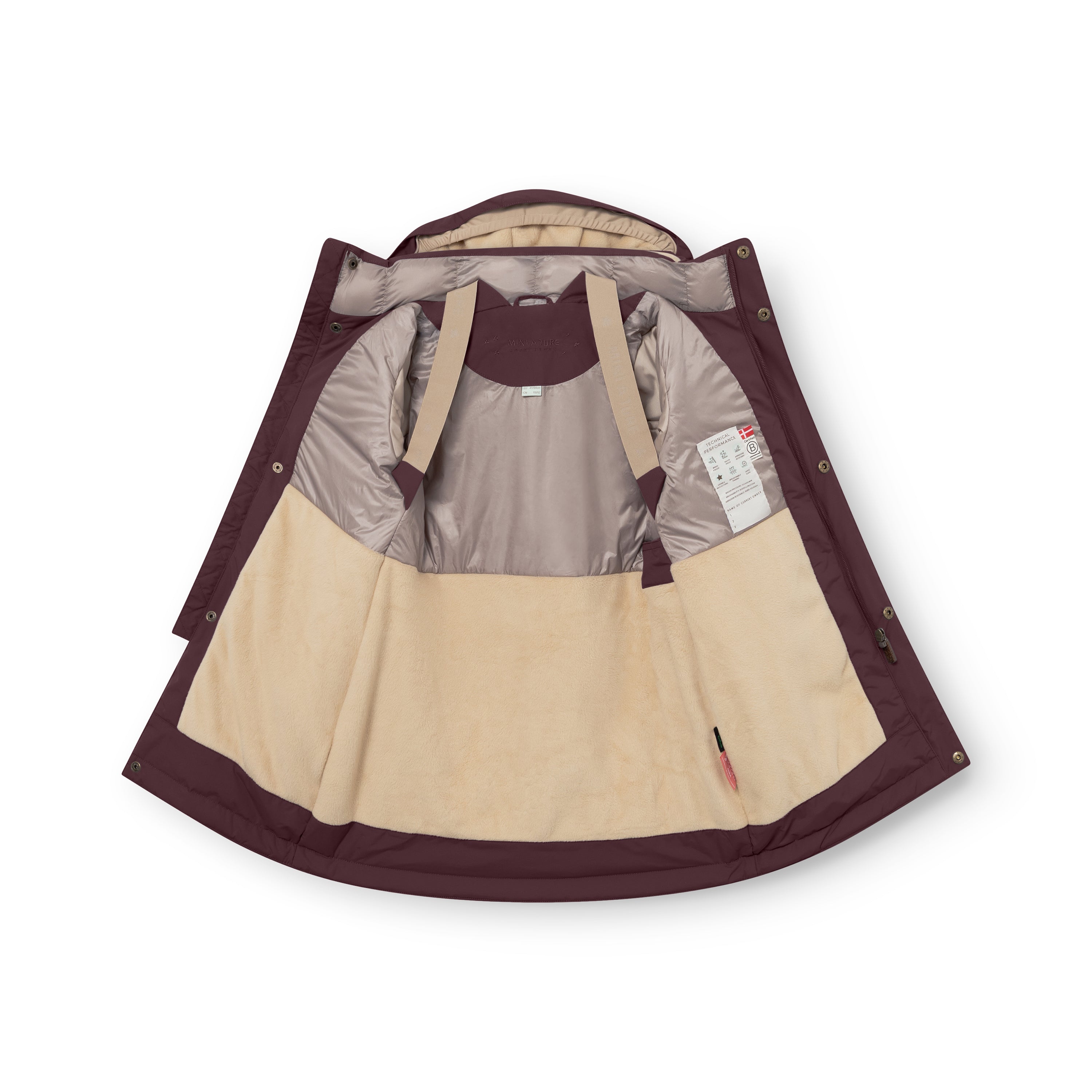 MATVENCASIA winter jacket shown open to reveal the internal construction, including beige adjustable suspenders, Sorona Aura padded upper section, soft fleece lining in the lower half, and snap-button hood attachment points.