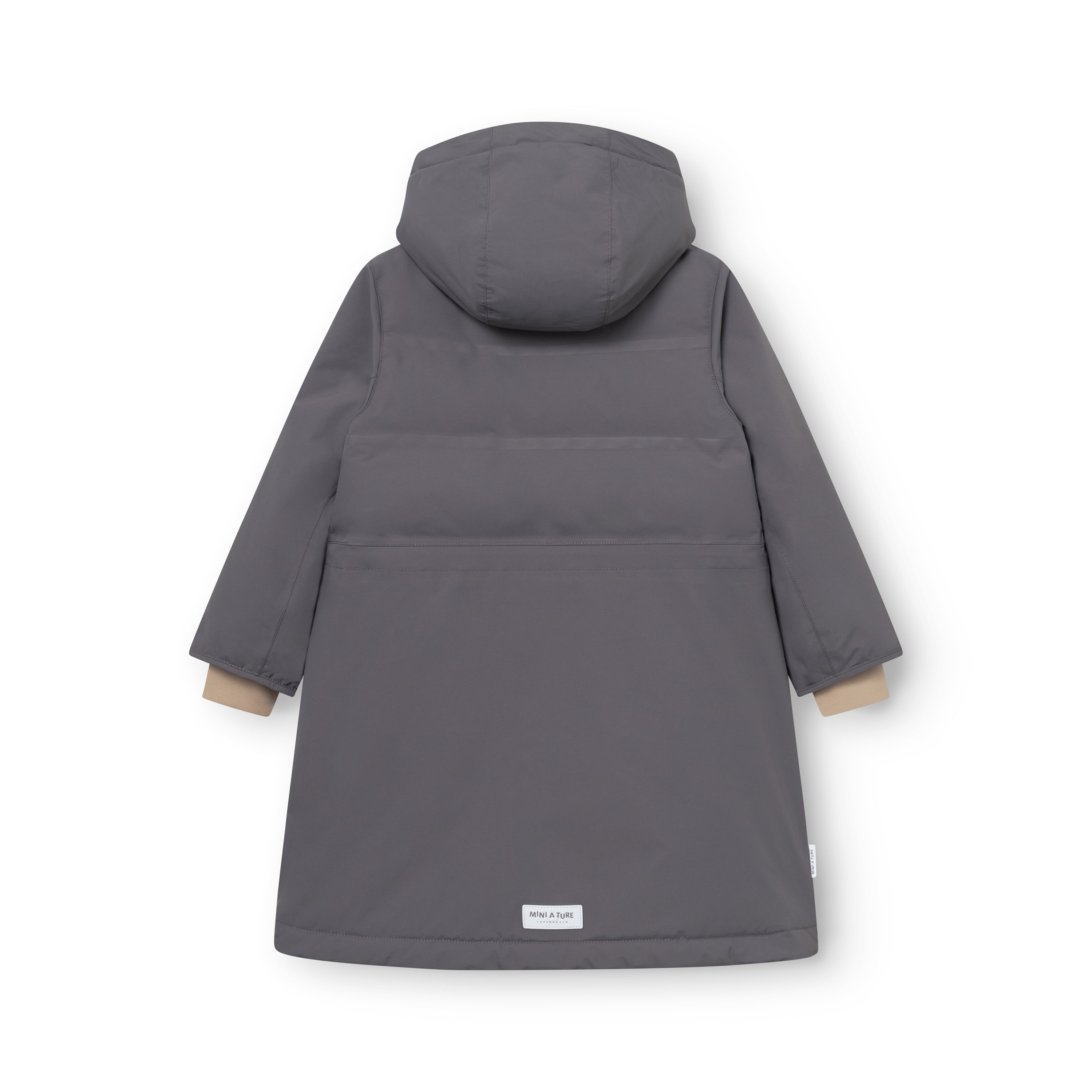 MATVENCASIA winter jacket in charcoal grey, photographed from the back to show the extended length, detachable hood with snap-button fastening, horizontal seam dividing the Sorona Aura padded upper section from the fleece-lined lower half, beige cuff lining visible at the wrists, and MINI A TURE label at the hem.