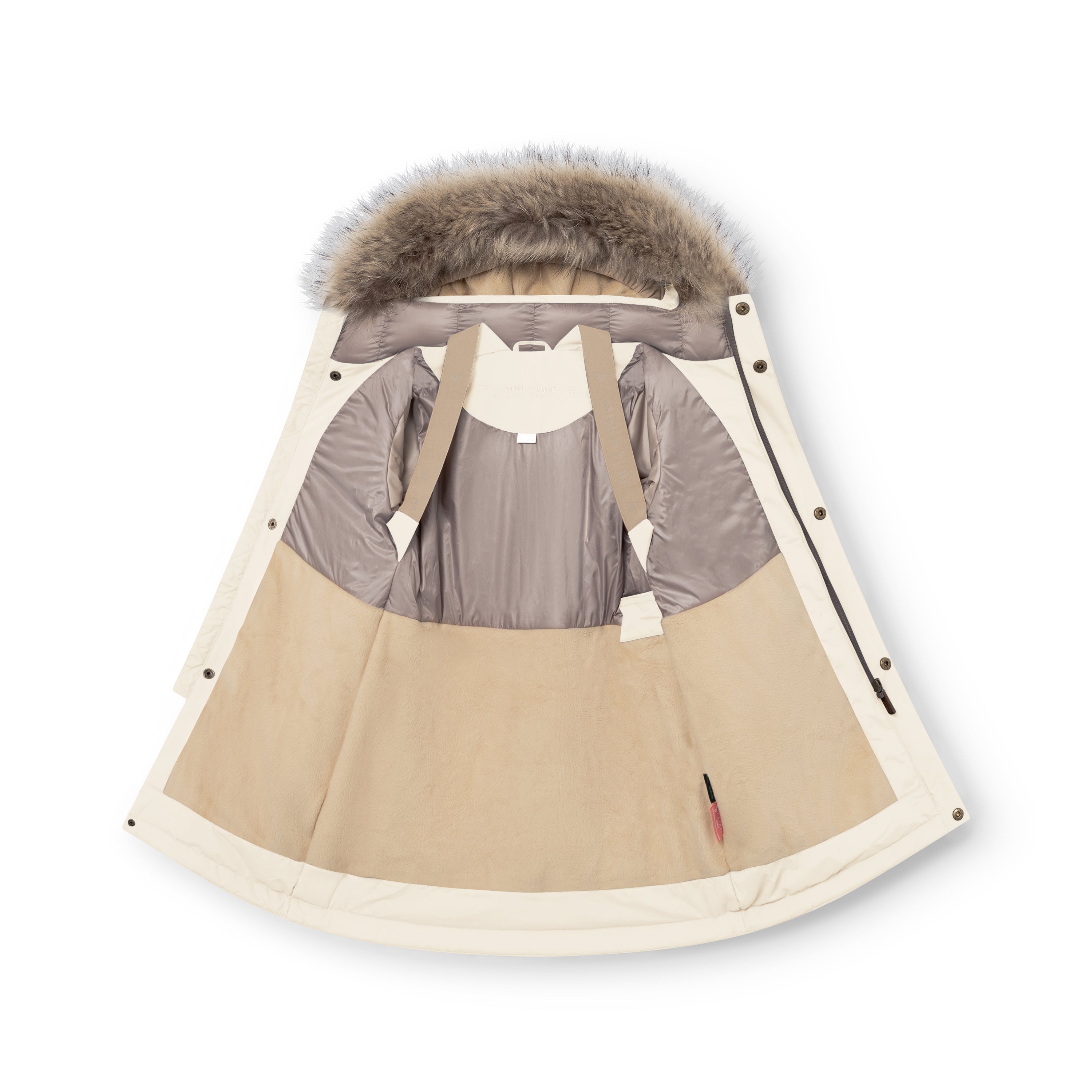 MATVENCASIA winter jacket in cream shown open to reveal the Sorona Aura padded upper body in grey, cream fleece-lined lower section, beige internal suspenders, and the detachable hood with genuine fur trim.