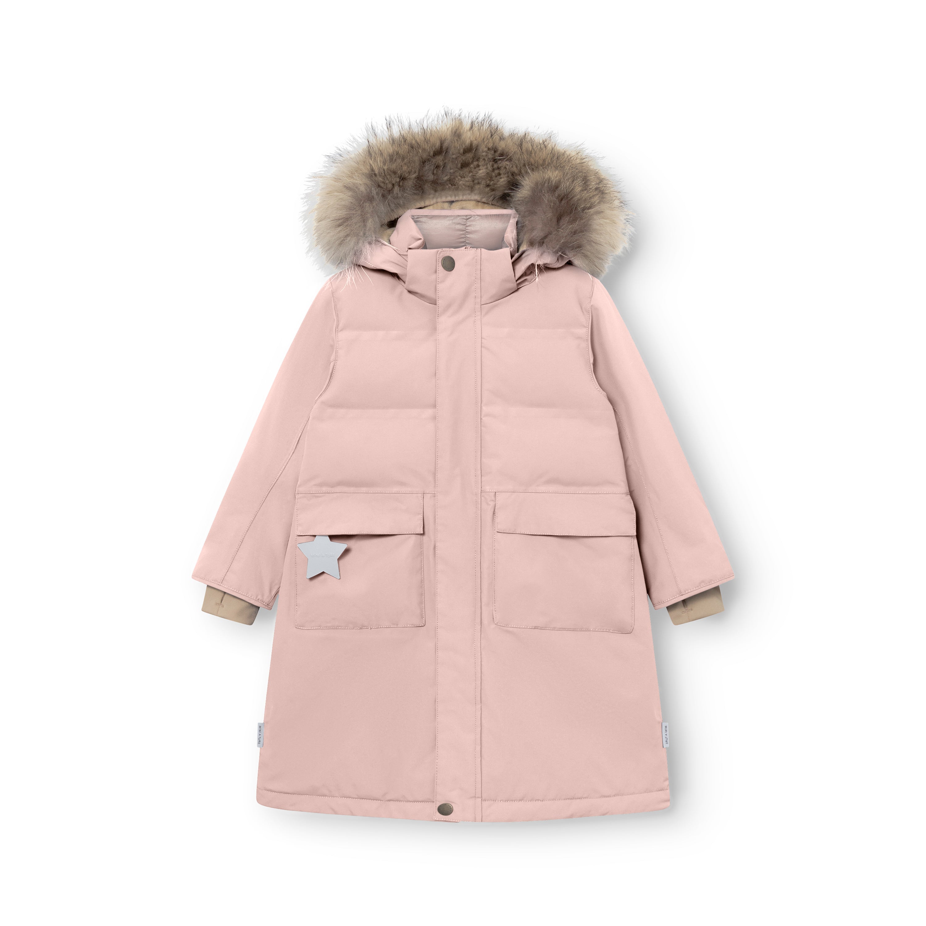 MATVENCASIA winter jacket in soft pink shown from the front, displaying the mid-thigh length, two large front pockets with flap closures, reflective star detail on the right pocket, and the detachable hood with genuine fur trim.