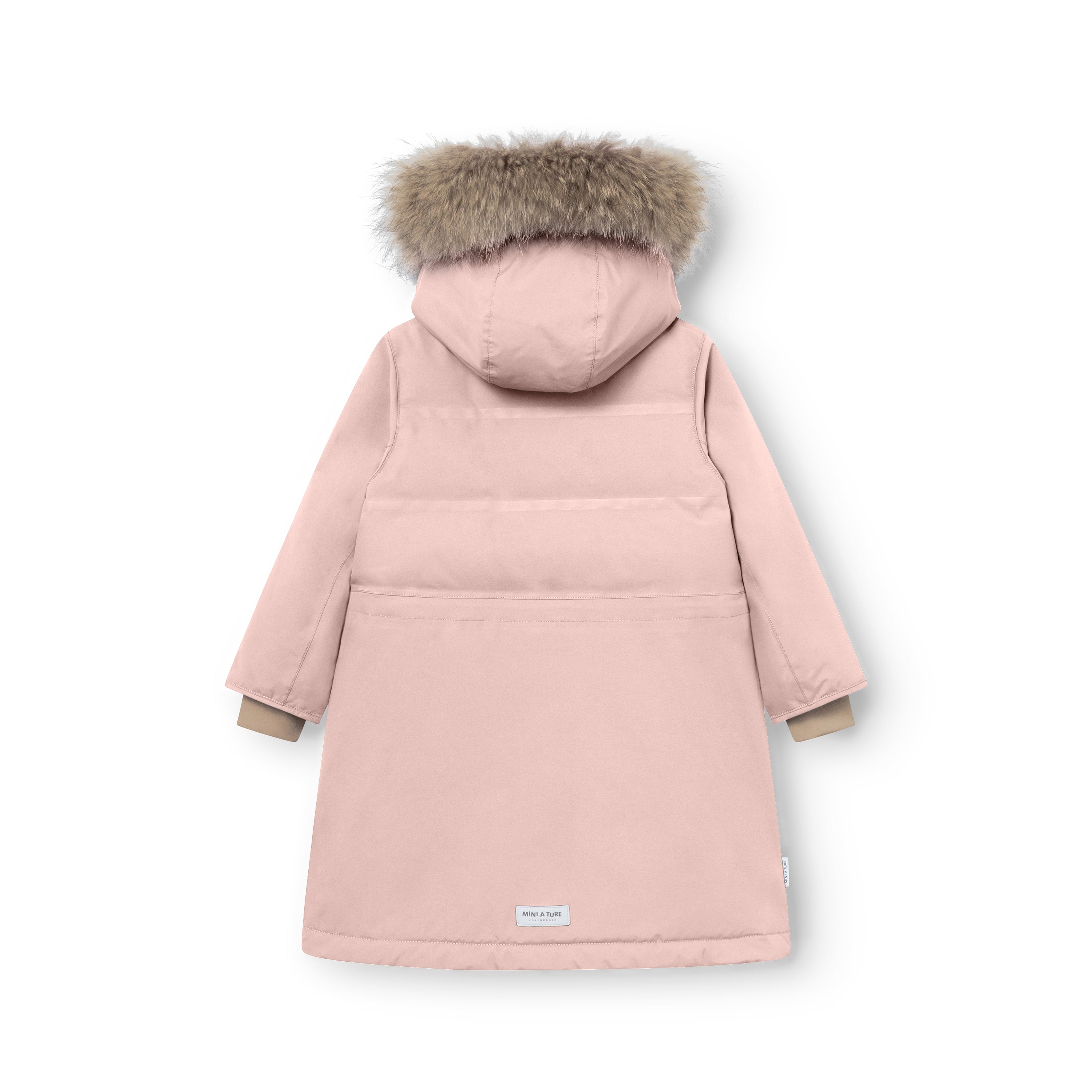 MATVENCASIA winter jacket in soft pink shown from the back, displaying the mid-thigh length, horizontal quilting across the Sorona Aura padded upper body, smooth fleece-lined lower section, and the detachable hood with genuine fur trim.