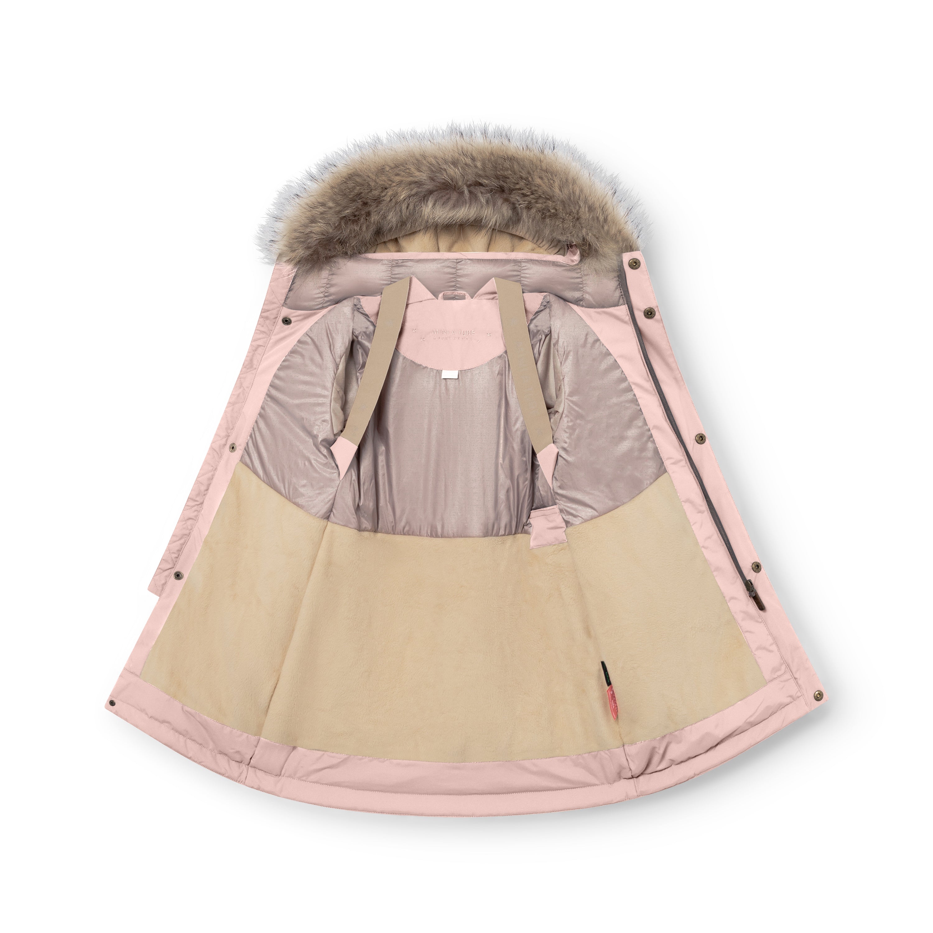 MATVENCASIA winter jacket in soft pink shown open to reveal the split construction with Sorona Aura padded upper body in grey, cream fleece-lined lower section, beige internal suspenders, and the detachable hood with genuine fur trim.