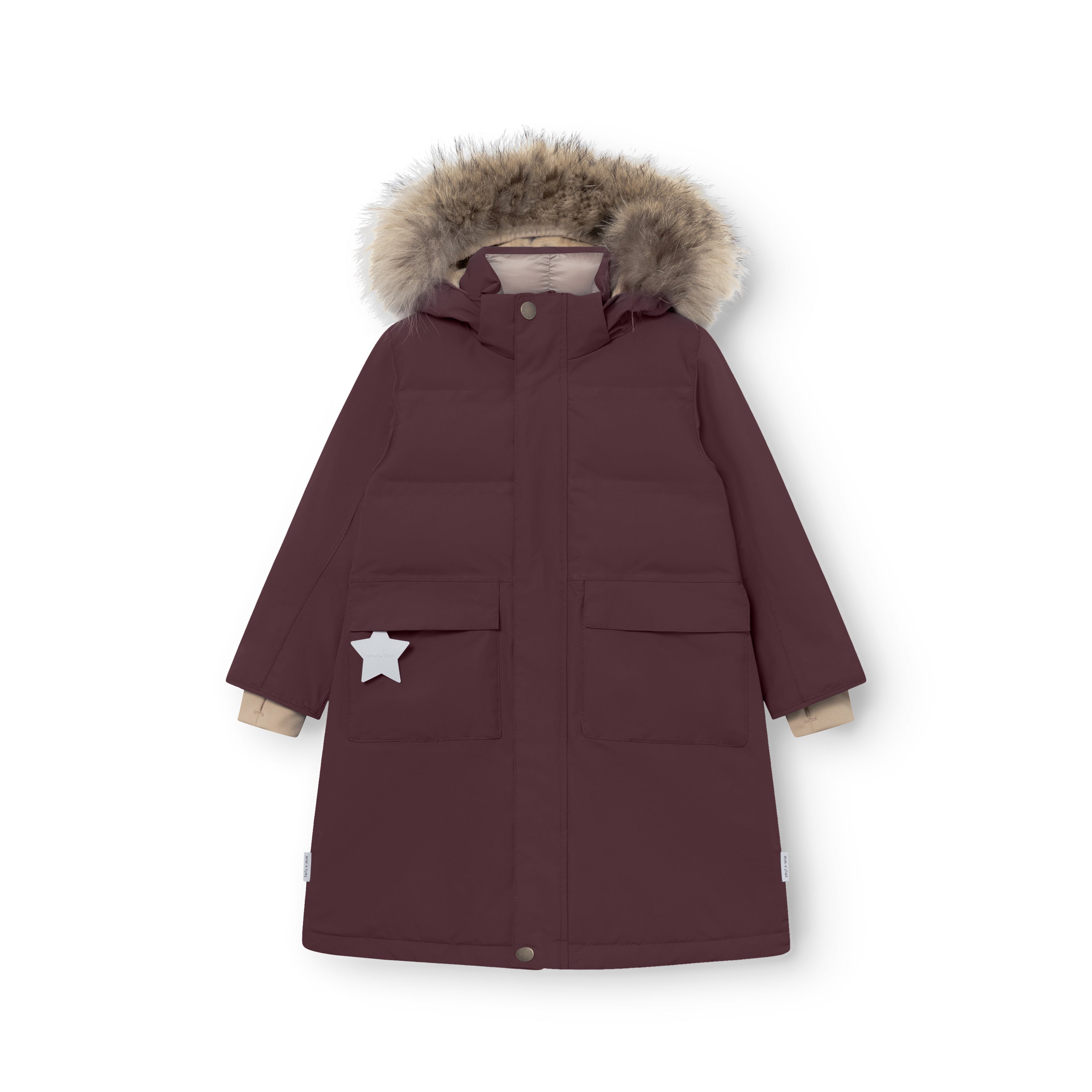 MATVENCASIA winter jacket in deep burgundy shown from the front, displaying the mid-thigh length, two large front pockets with flap closures, reflective star detail on the left pocket, and the detachable hood with genuine fur trim.