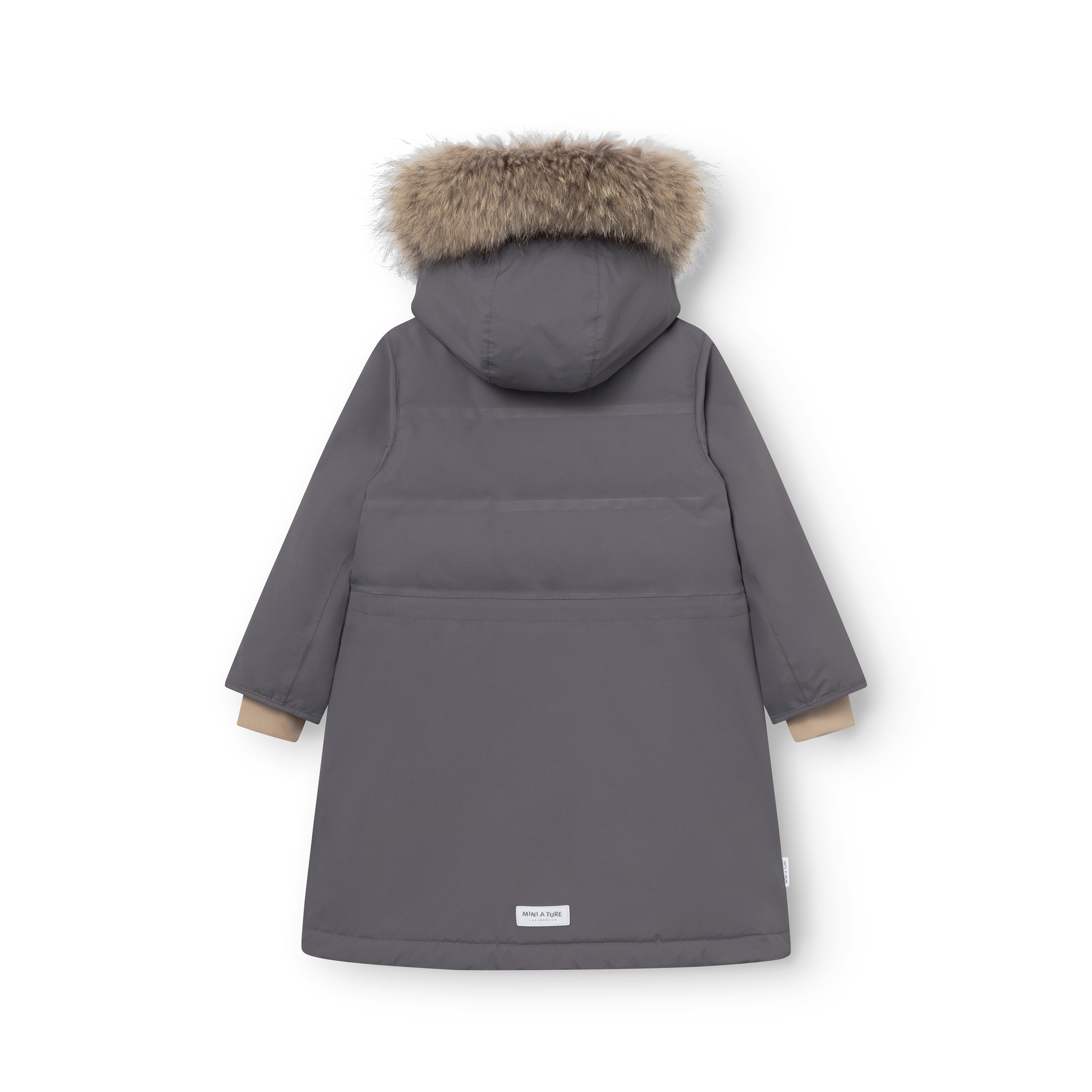 MATVENCASIA winter jacket shown from the back, displaying the extended length that reaches below the hips, the detachable hood with genuine fur trim, and the clean grey recycled polyamide shell with MINI A TURE label at the hem.