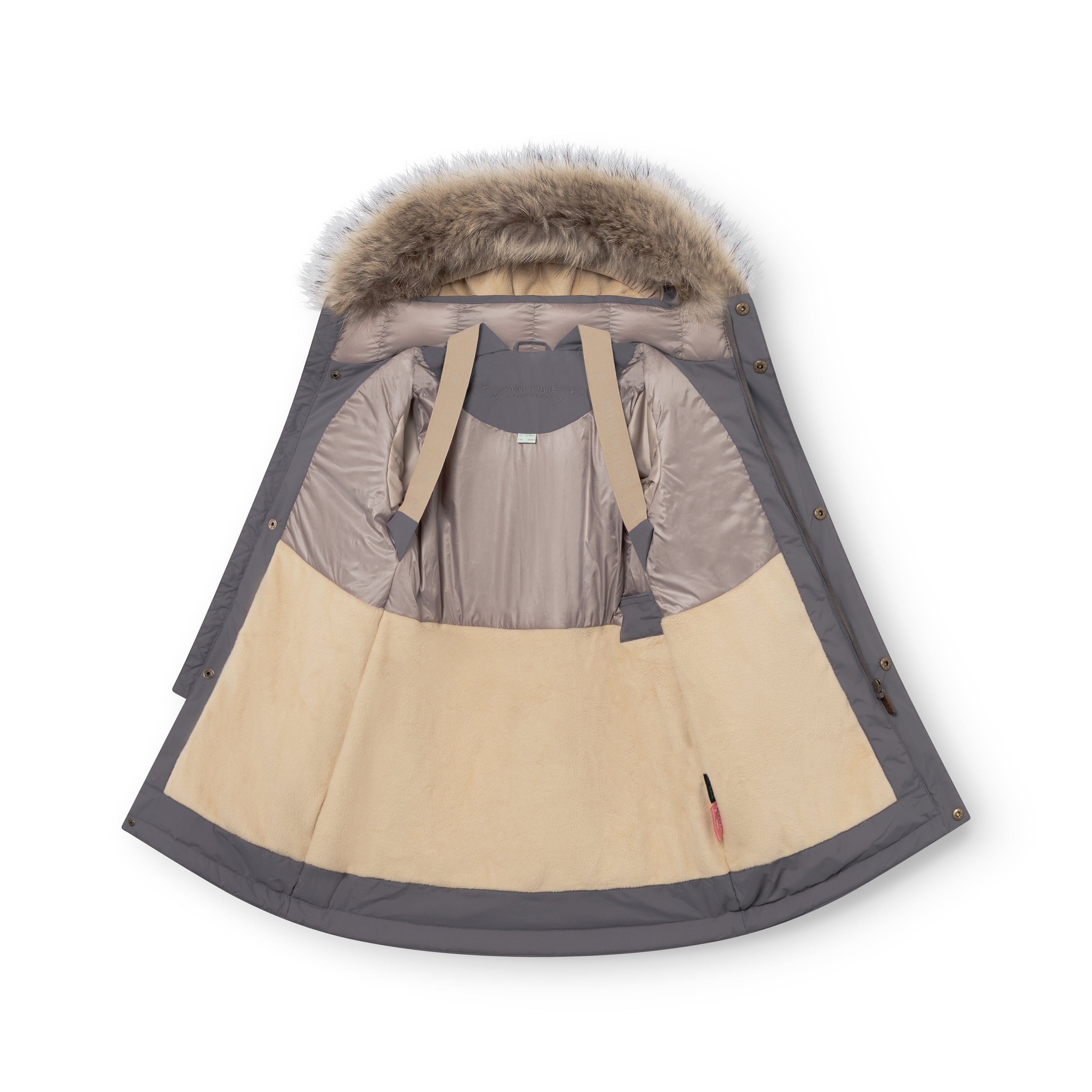 MATVENCASIA winter jacket shown open to reveal the internal construction, including the beige adjustable suspenders, fleece-lined lower section, Sorona Aura padded upper body and the detachable hood with genuine fur trim.