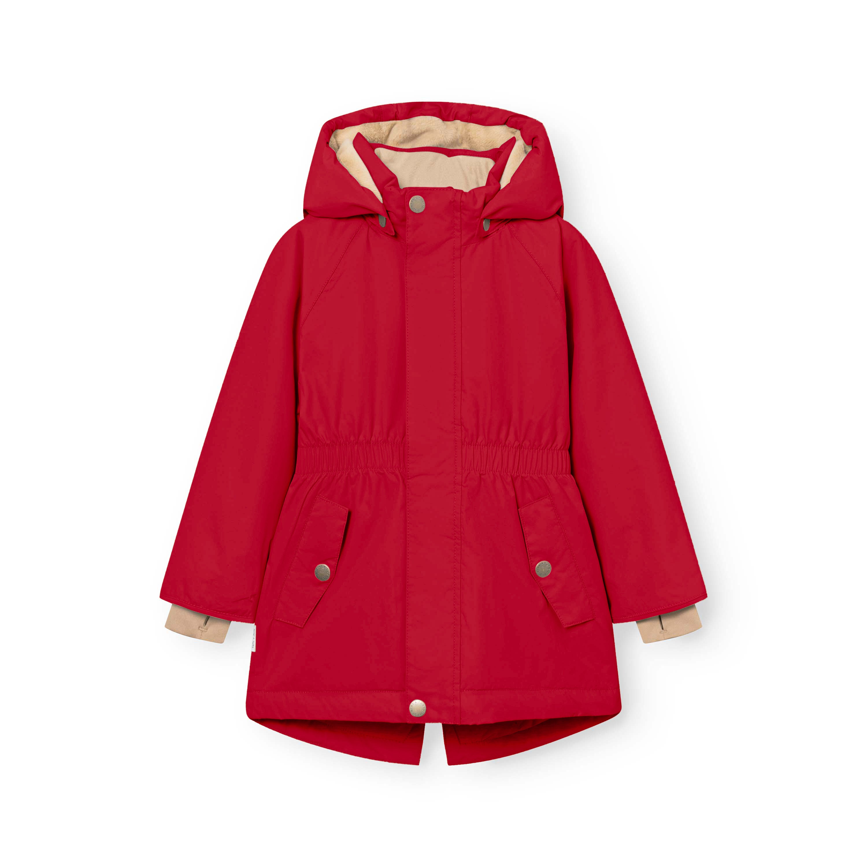 MATVIKANIA fleece lined winter jacket in bright red displayed flat, showing the fixed elastic waist creating a gathered silhouette, angled lower pockets with snap-button flaps, extended length with centre back vent and beige fleece lining visible at the hood and cuffs.