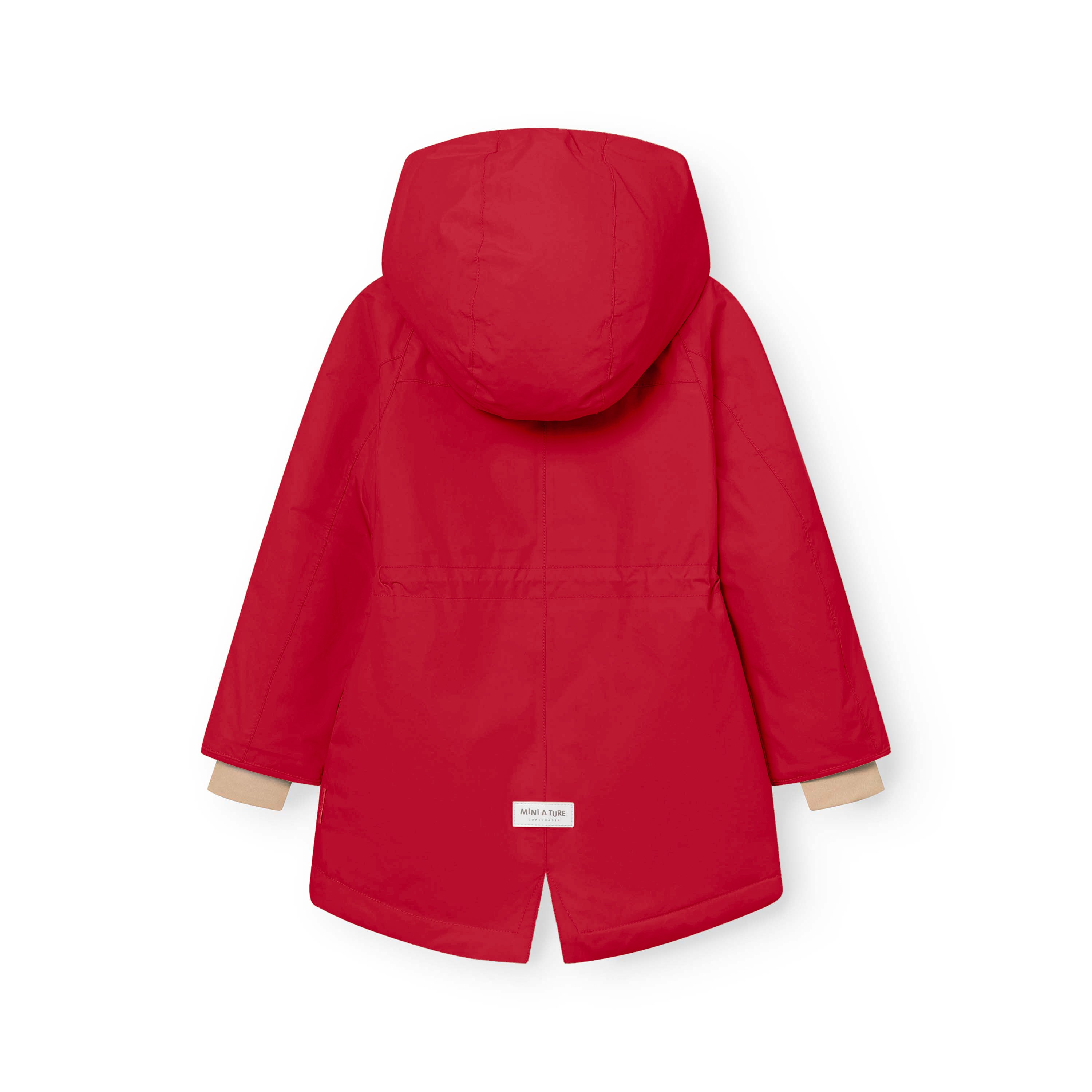 MATVIKANIA fleece lined winter jacket in bright red viewed from the rear, showing the centre back vent, detachable hood with snap-button fastening, fixed elastic waist creating a gathered silhouette and beige fleece lining visible at the cuffs.