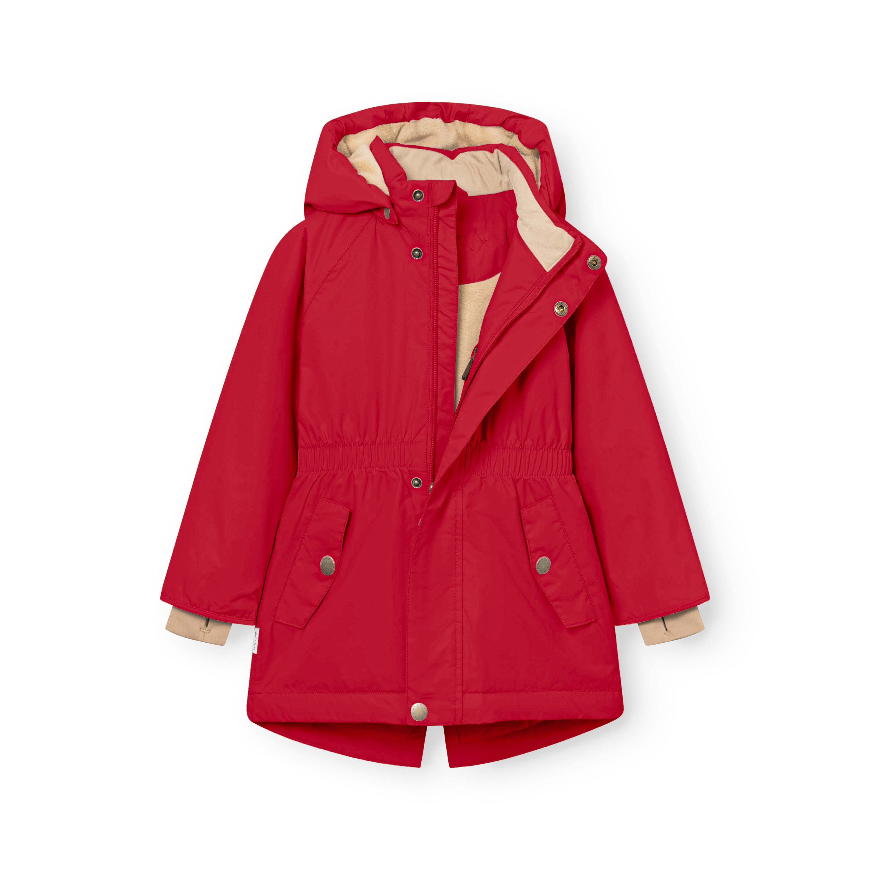 MATVIKANIA fleece lined winter jacket in bright red laid fully open, showing the complete THERMOLITE insulation throughout, beige fleece lining across the body and sleeves, internal snow cuffs with thumb openings at the wrists and the Sorona Aura lined detachable hood with snap-button fastening.