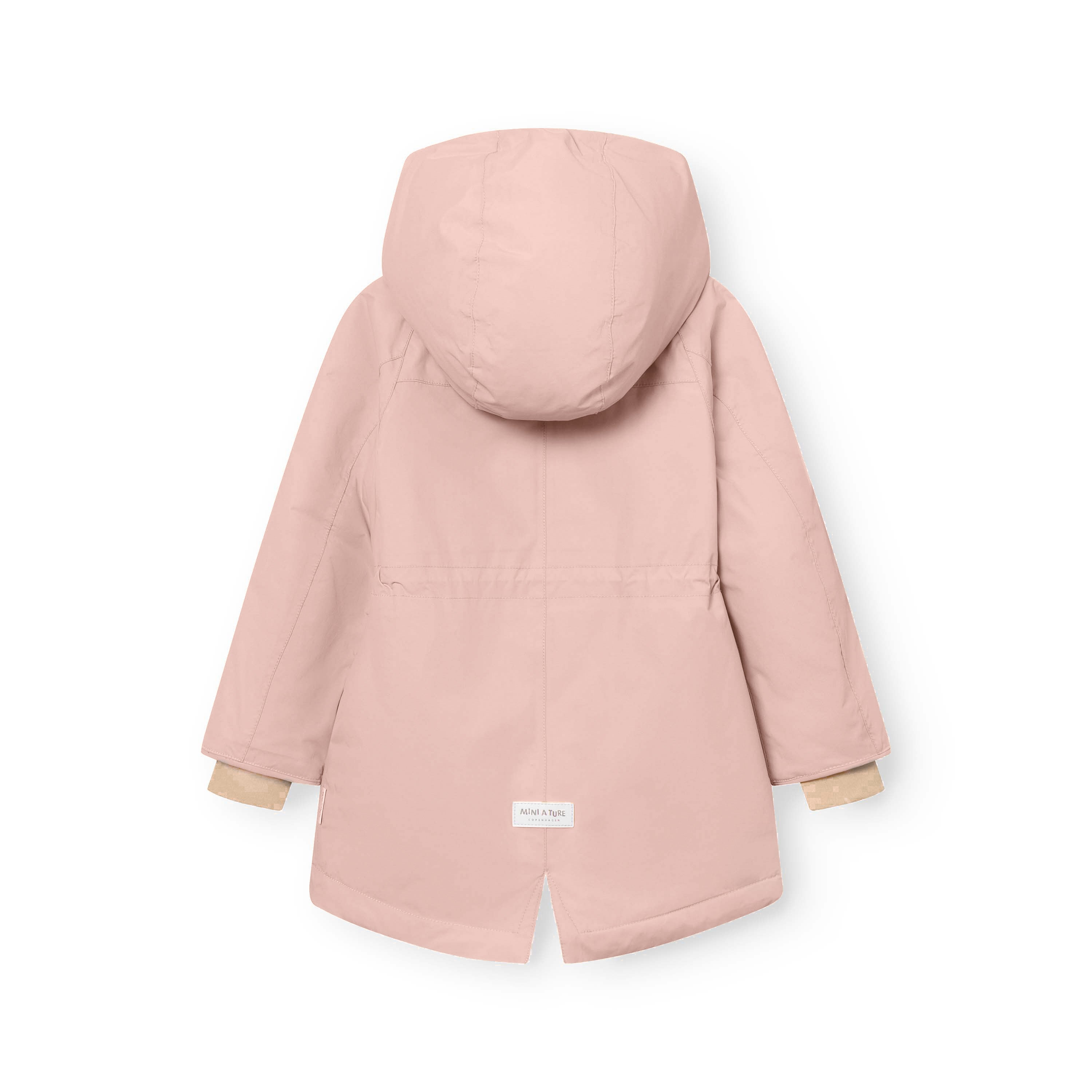 MATVIKANIA fleece lined winter jacket in soft pink viewed from behind, displaying the detachable hood, extended rear length with centre vent and MINI A TURE label at the hem.