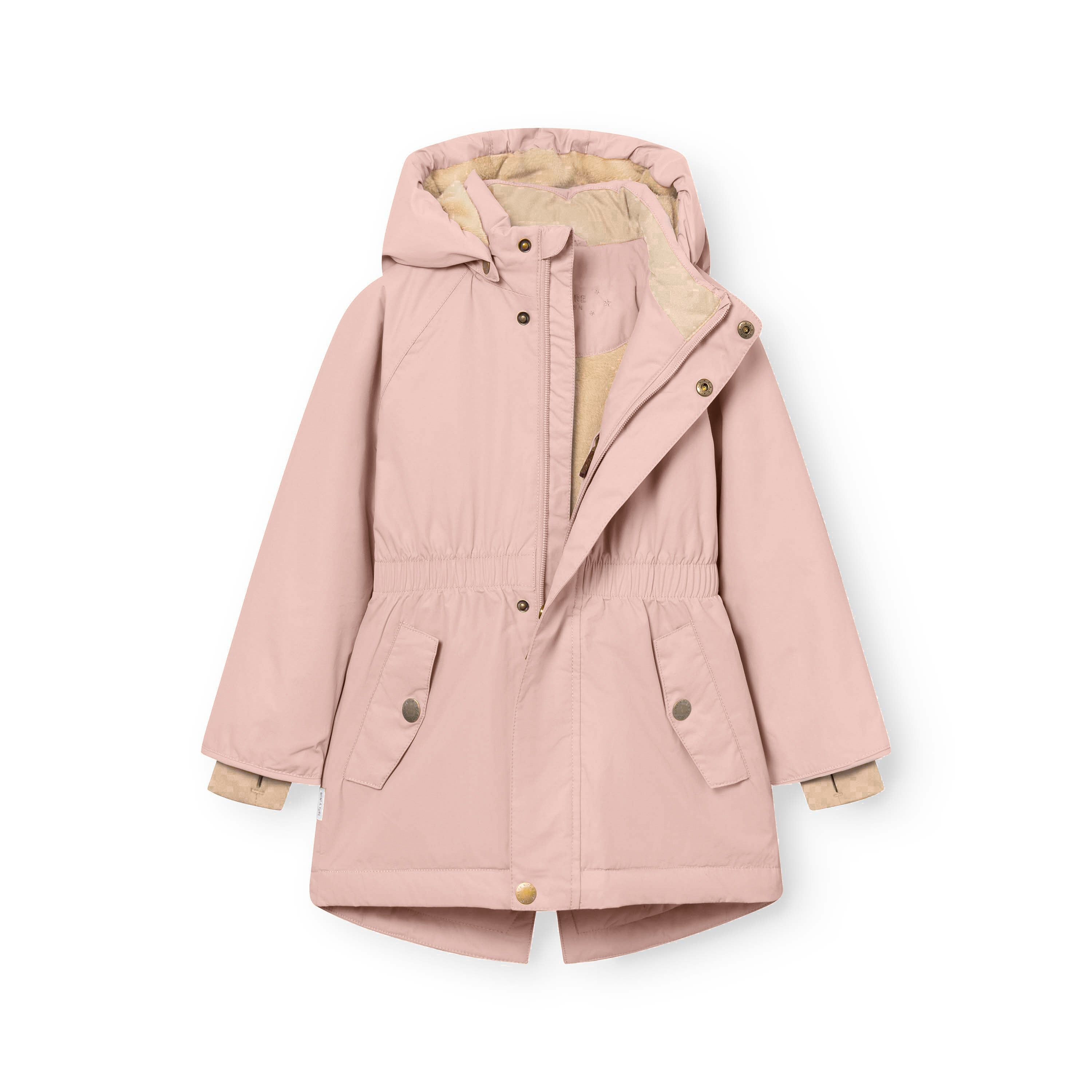 MATVIKANIA fleece lined winter jacket in soft pink laid open to show the Sorona Aura lined hood interior, THERMOLITE padding and soft fleece lining throughout the body and sleeves.