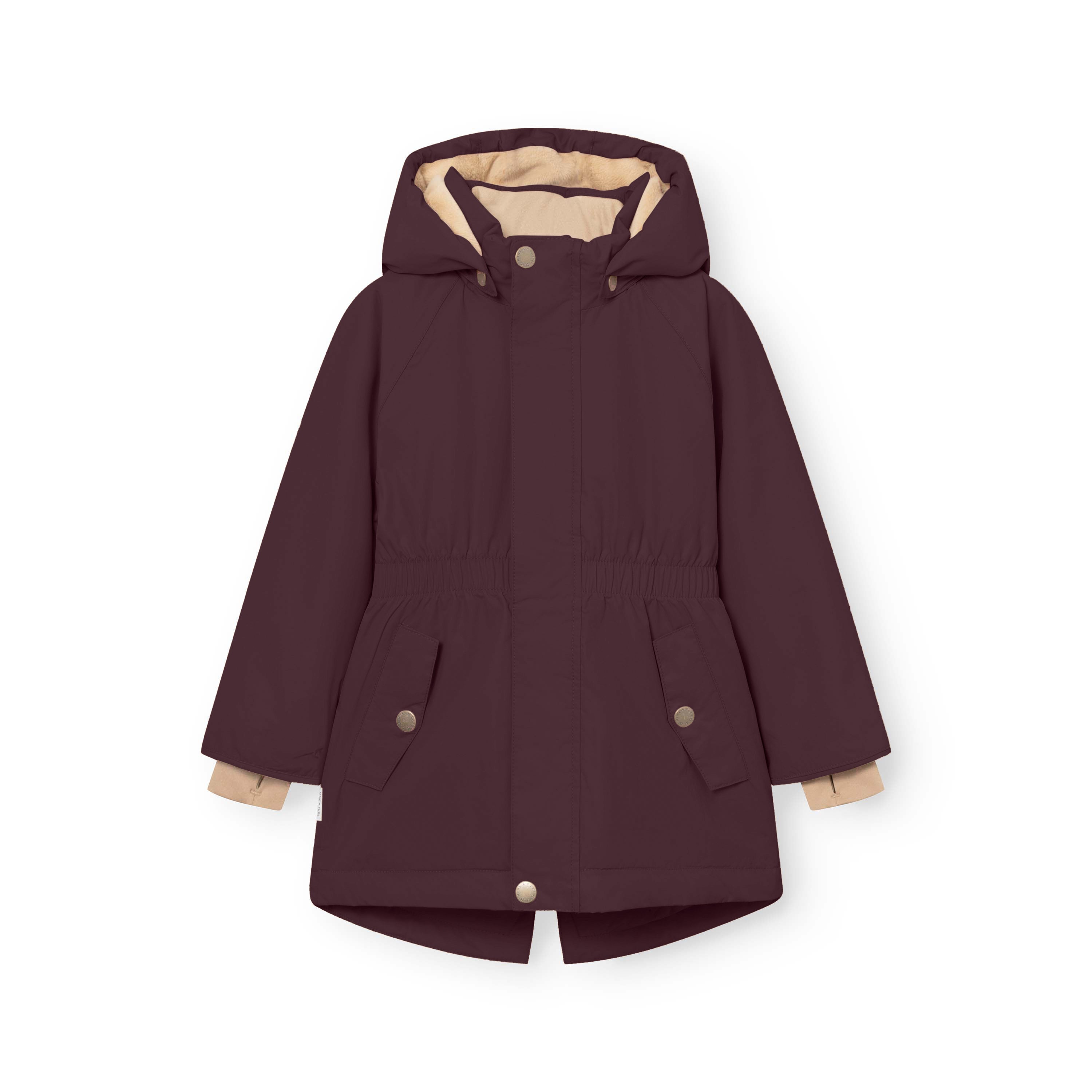 MATVIKANIA fleece lined winter jacket in deep burgundy displayed flat, showing the fixed elastic waist, extended length with centre back vent, snap-button front closure and contrast beige fleece lining visible at the hood and cuffs.