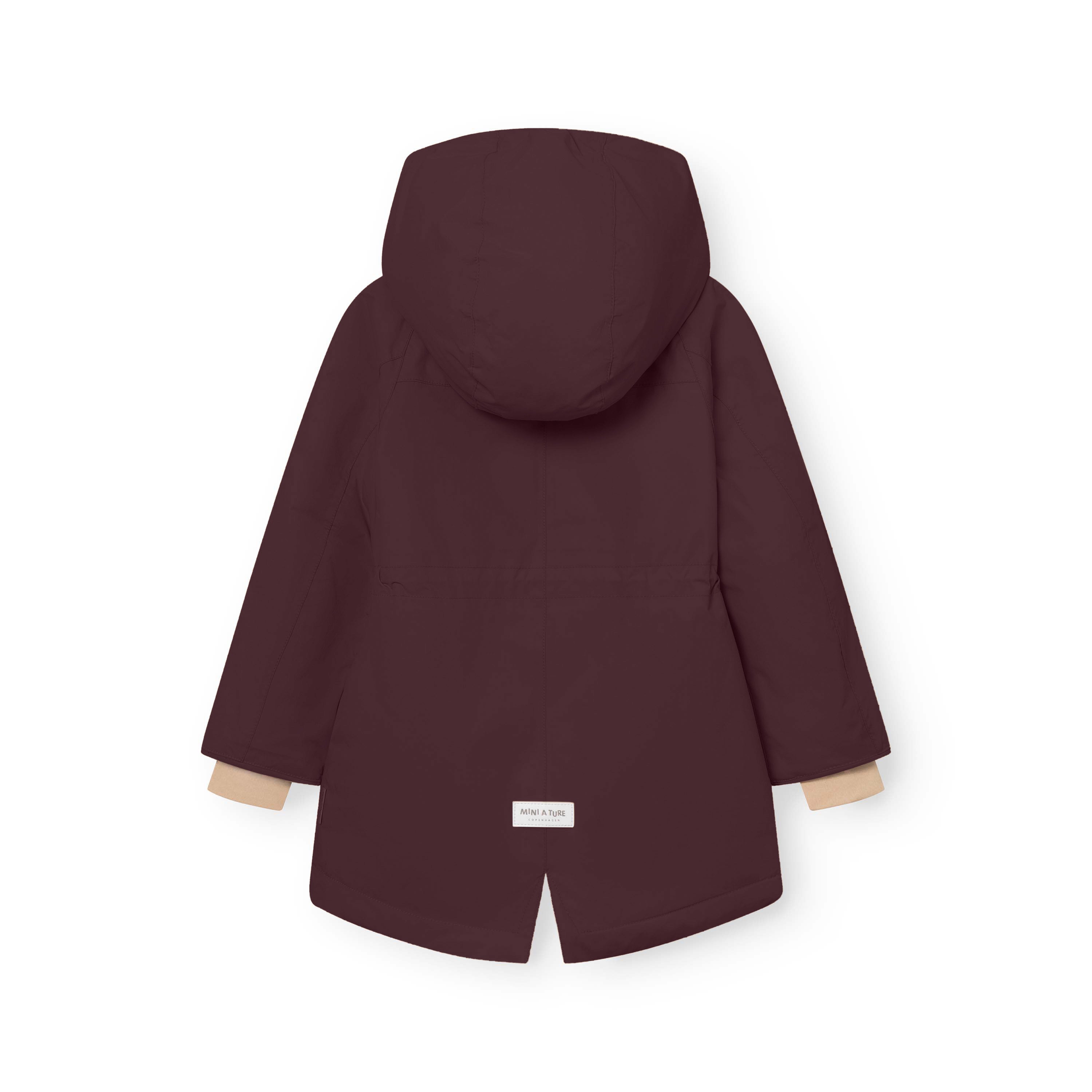 MATVIKANIA fleece lined winter jacket in deep burgundy viewed from the rear, showing the detachable hood with snap-button fastening, extended length with centre back vent and contrast beige fleece lining visible at the cuffs.