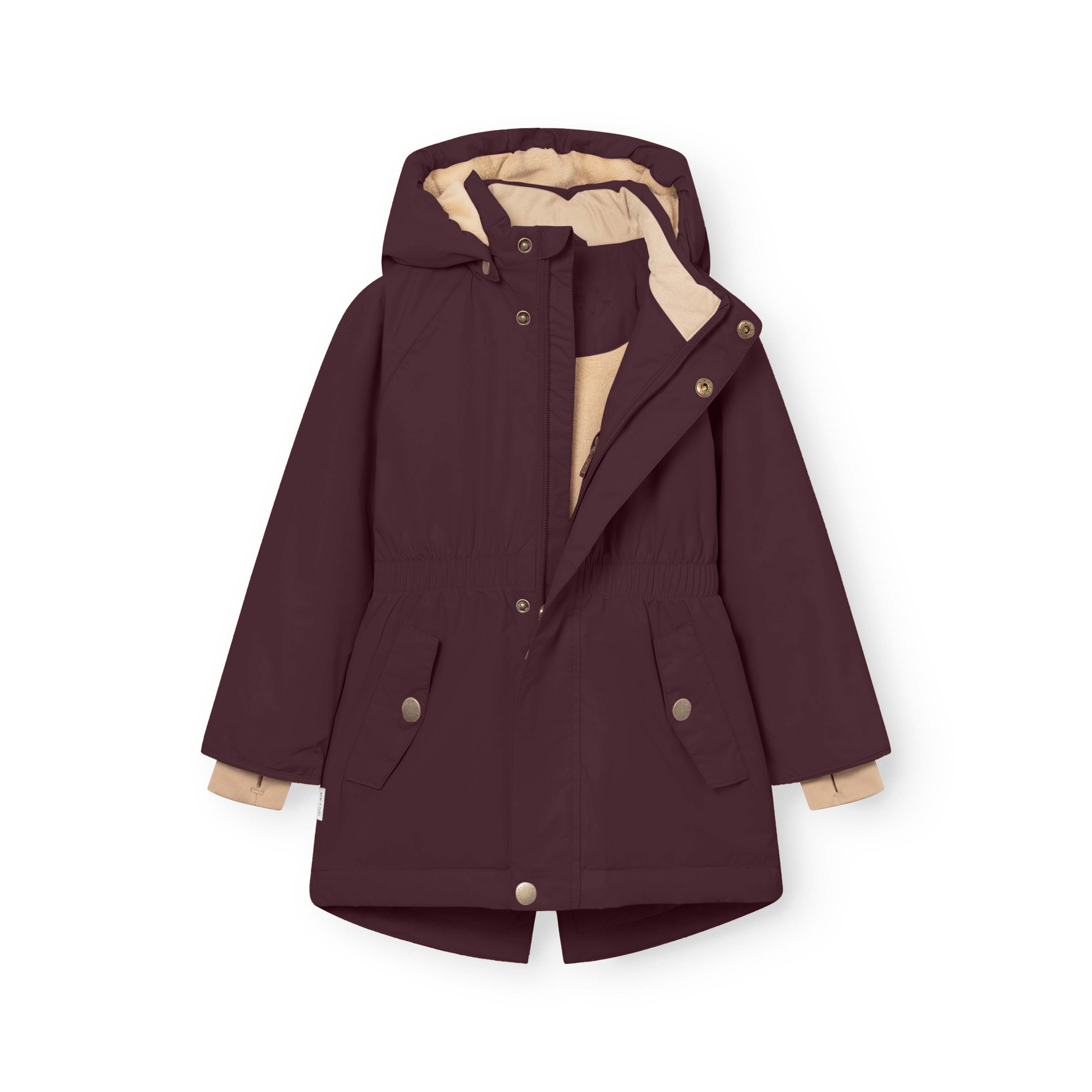 MATVIKANIA fleece lined winter jacket in deep burgundy laid open to reveal the Sorona Aura lined hood, THERMOLITE insulation, beige fleece lining and internal snow cuffs with thumb openings visible at the wrists.