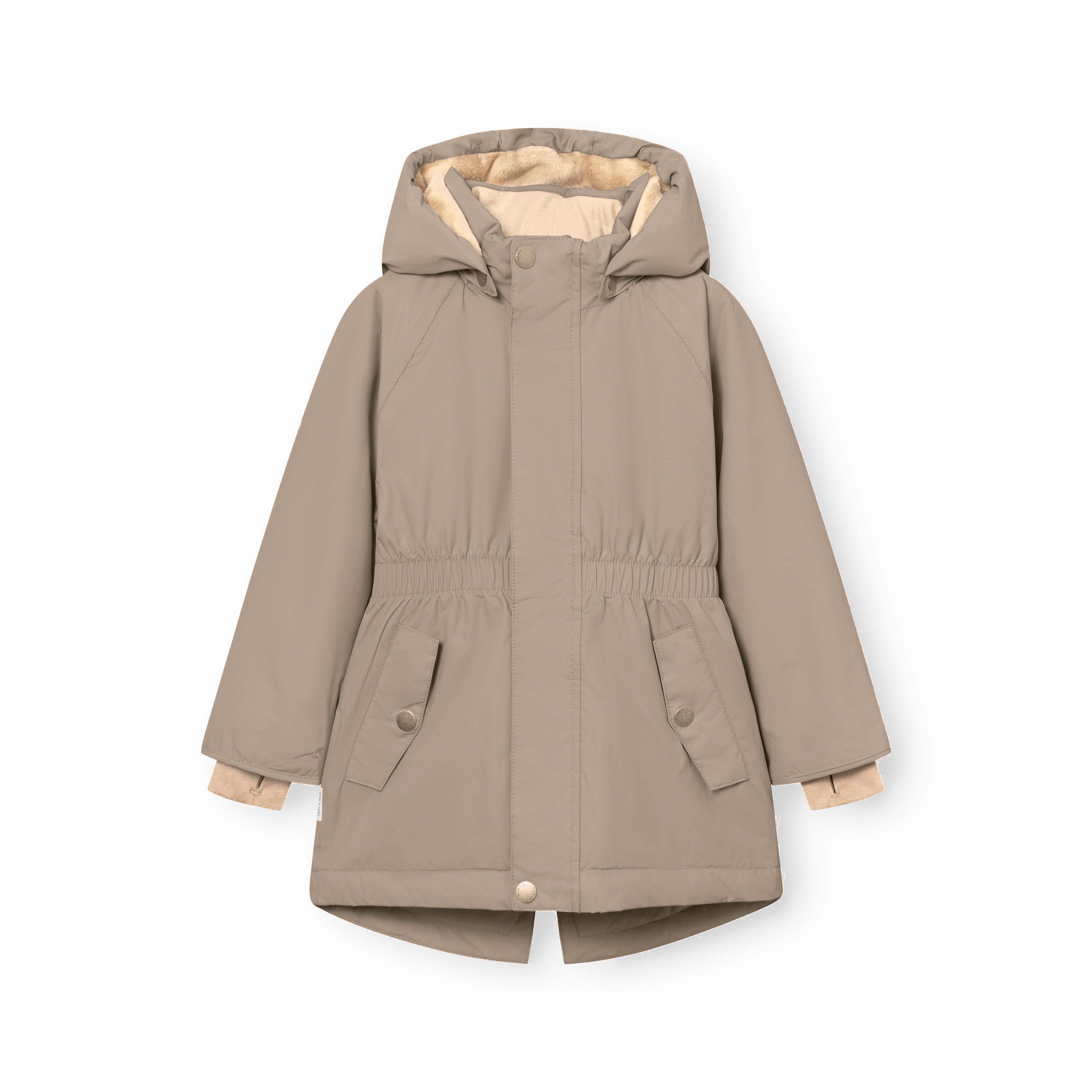 MATVIKANIA fleece lined winter jacket in taupe shown flat, highlighting the fixed elastic waist, snow cuffs with thumb openings and waterproof construction with fully taped seams.