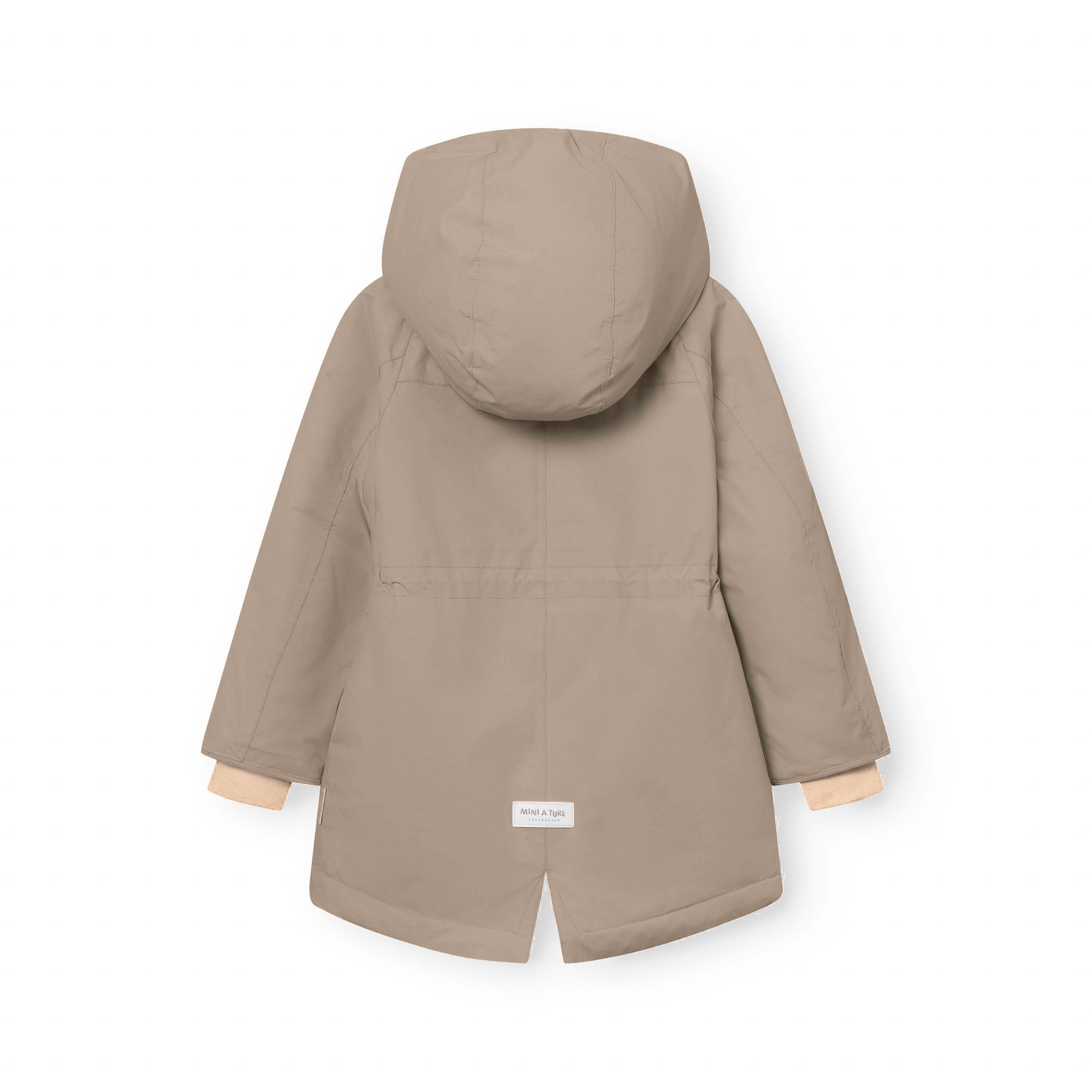 MATVIKANIA fleece lined winter jacket in taupe viewed from the back, showing the detachable hood with Sorona Aura lining, extended length and rear vent detail.