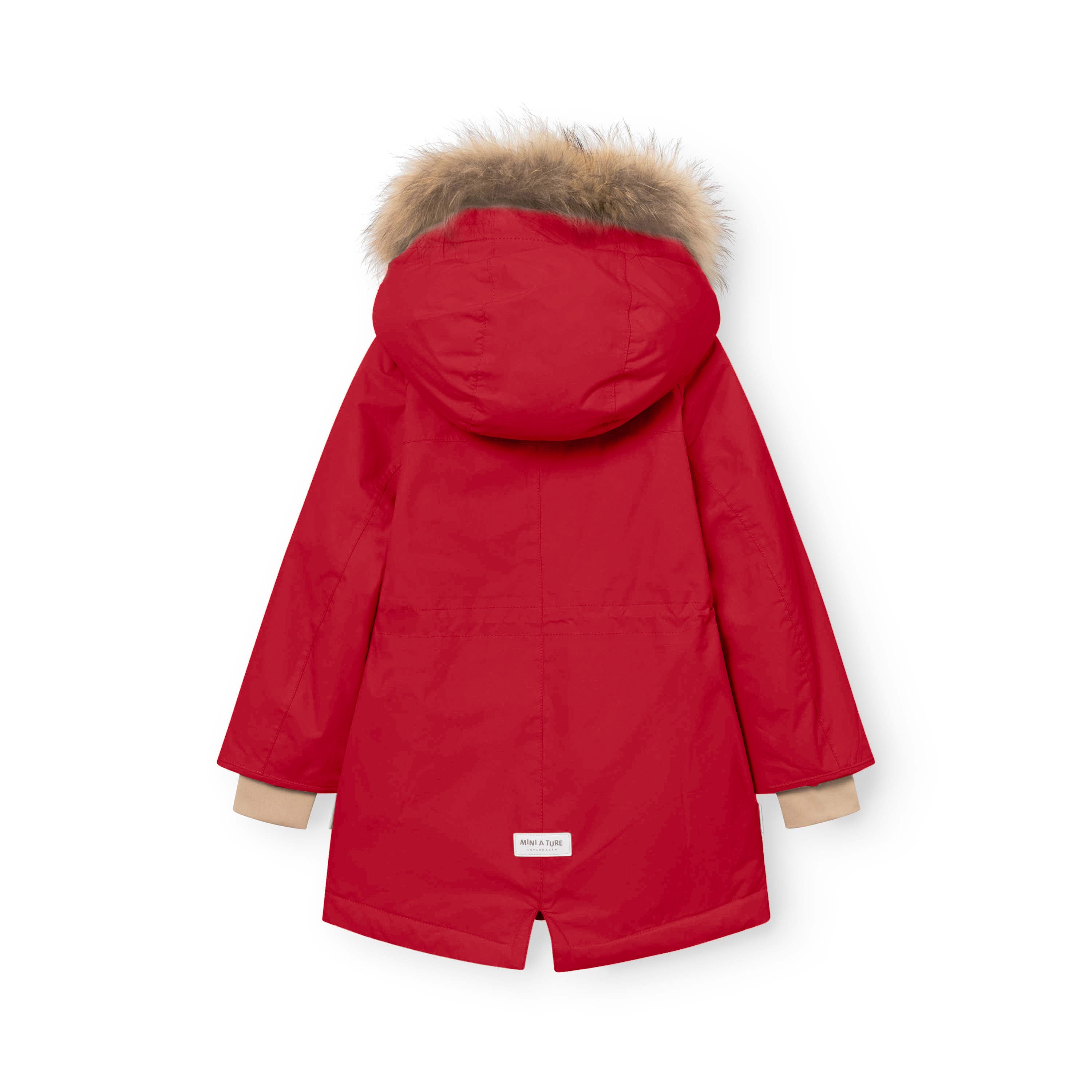 MATVIKANIA waterproof winter jacket in red shown from the rear, featuring a real fur-trimmed hood, longer back hem, MINI A TURE logo label and shaped waist construction on a white background.