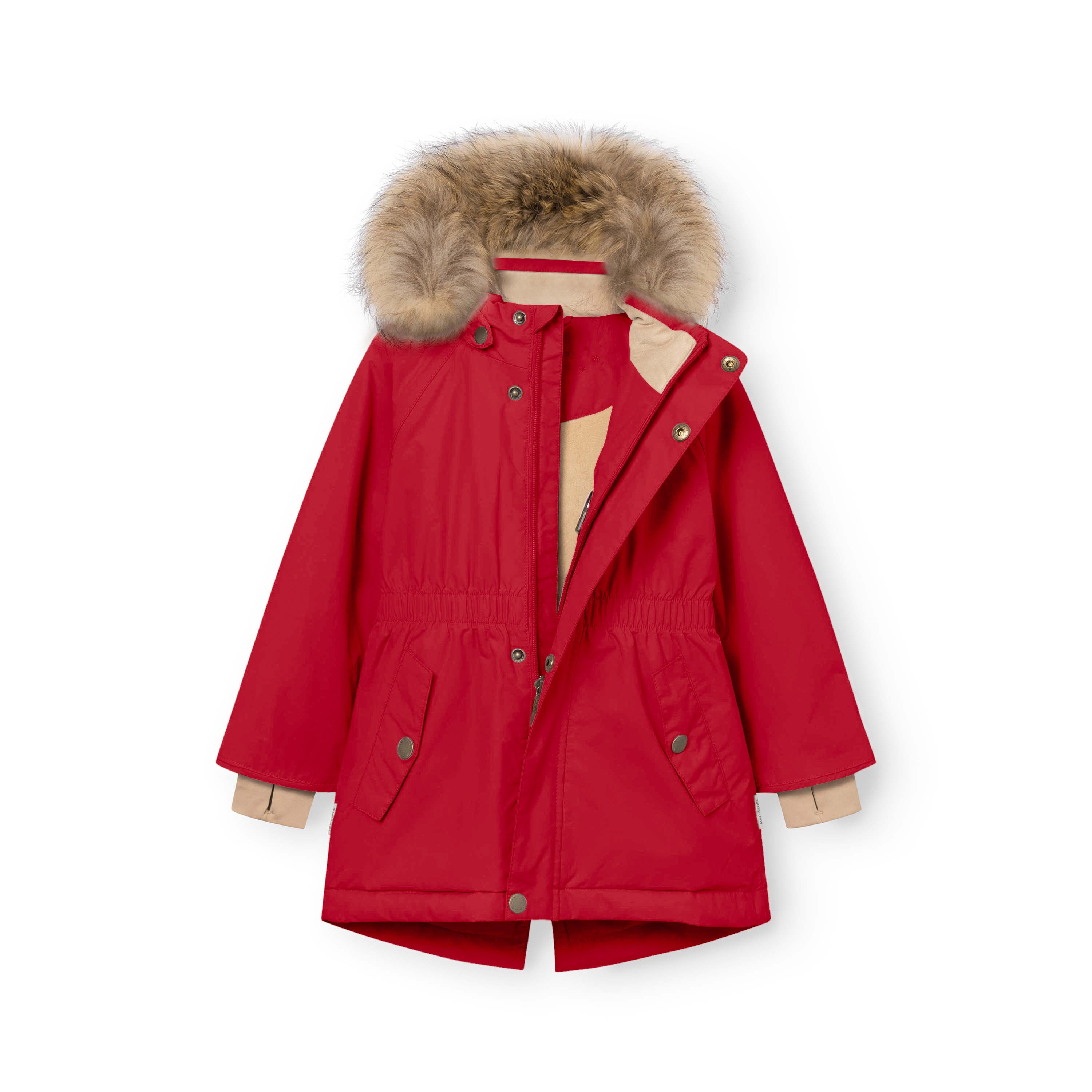MATVIKANIA red winter jacket with the hood fully open, showing the detachable real fur trim, beige inner fleece lining, elasticated waist detail and front snap-button closure on a white background.