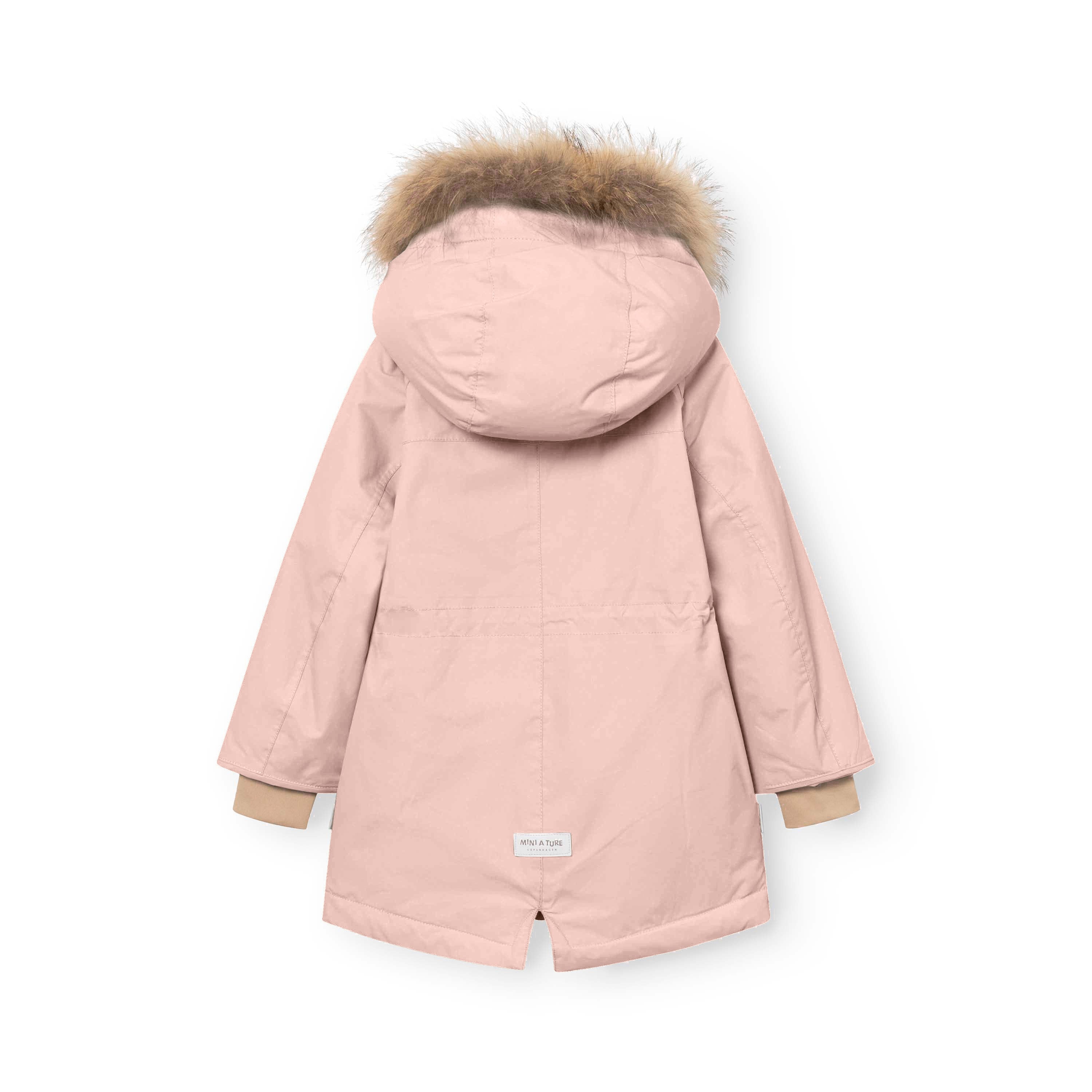 MATVIKANIA waterproof winter jacket shown from the back, displaying the real fur-trimmed hood, shaped waist detail, reflective MINI A TURE logo patch and longer rear hem on a white background.